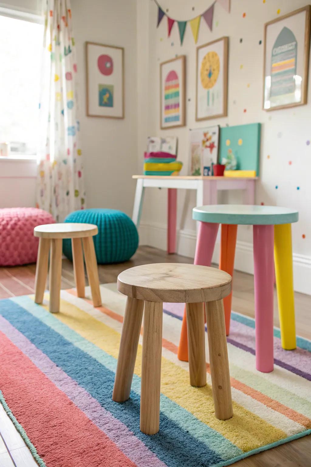 Inspire creativity with artful stools that double as seating and decor. #ArtfulSeating #CreativeSpaces 🎨
