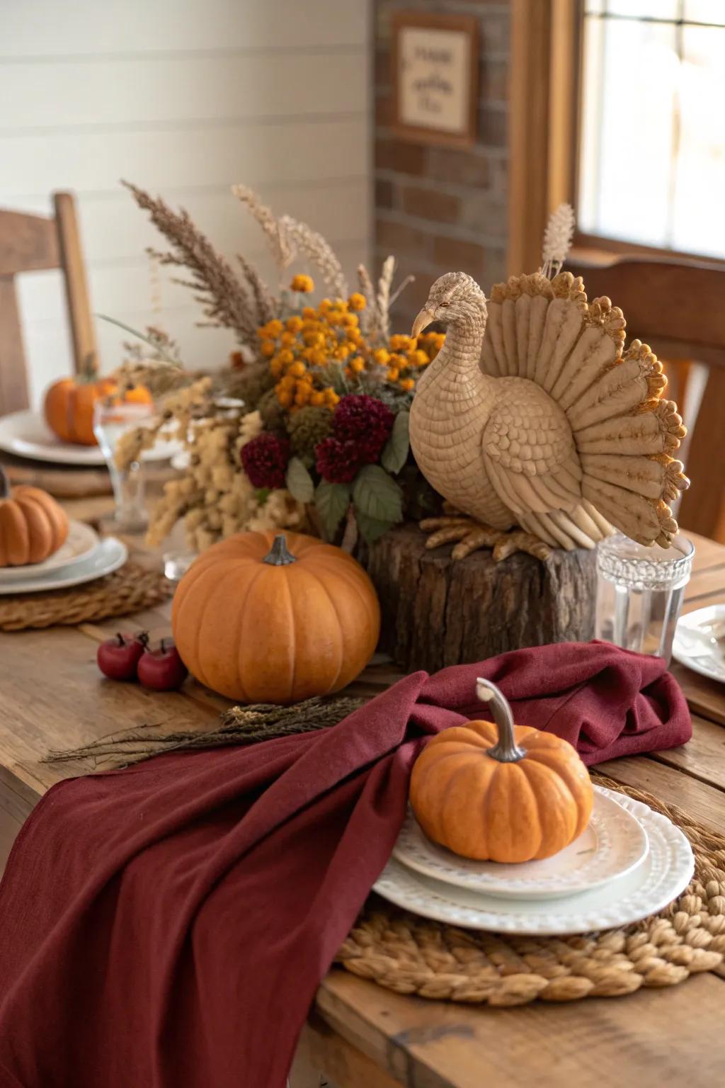 Add a nostalgic charm with a dried flower pumpkin turkey.