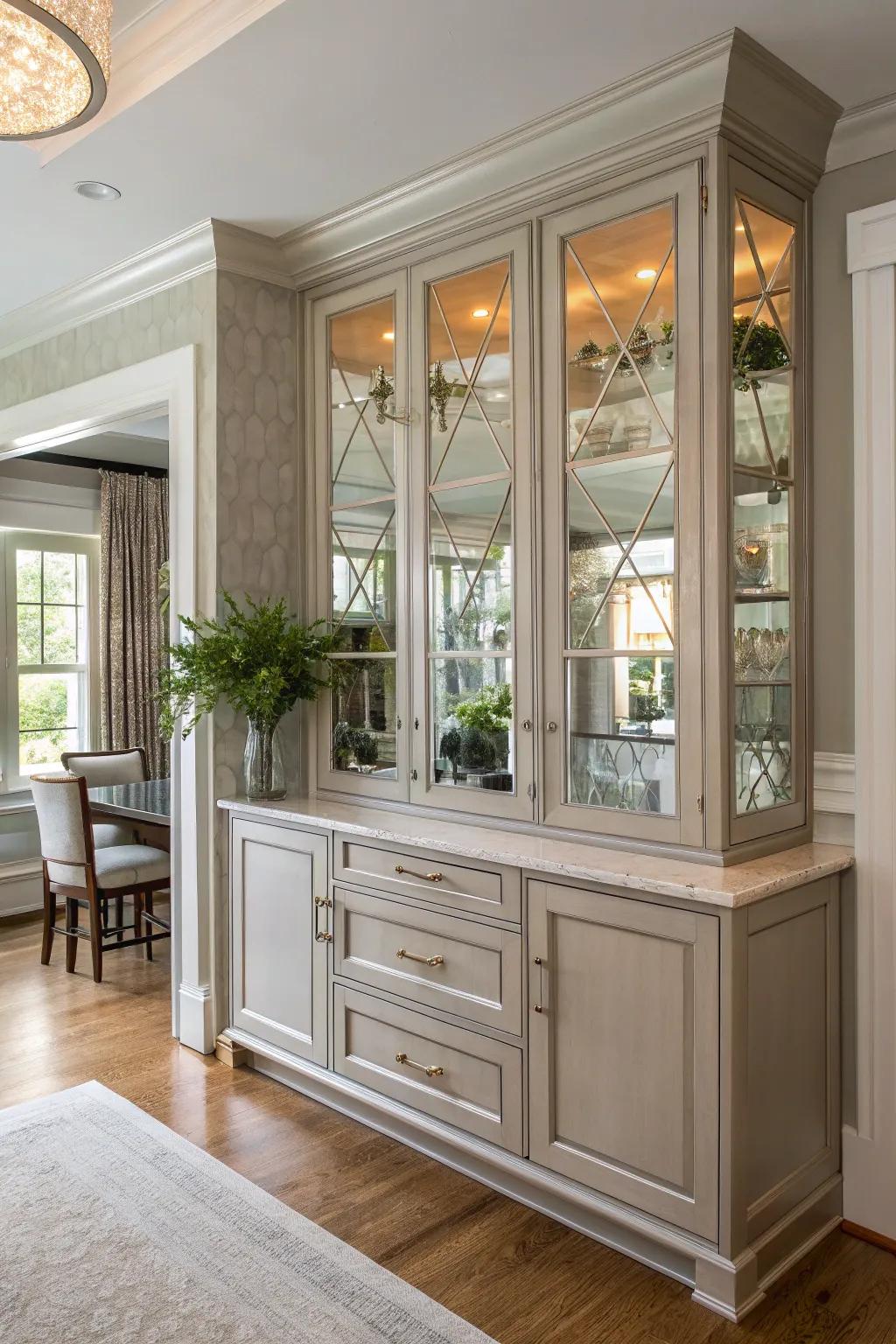 Expand your kitchen's visual space with a hutch that features reflective surfaces.