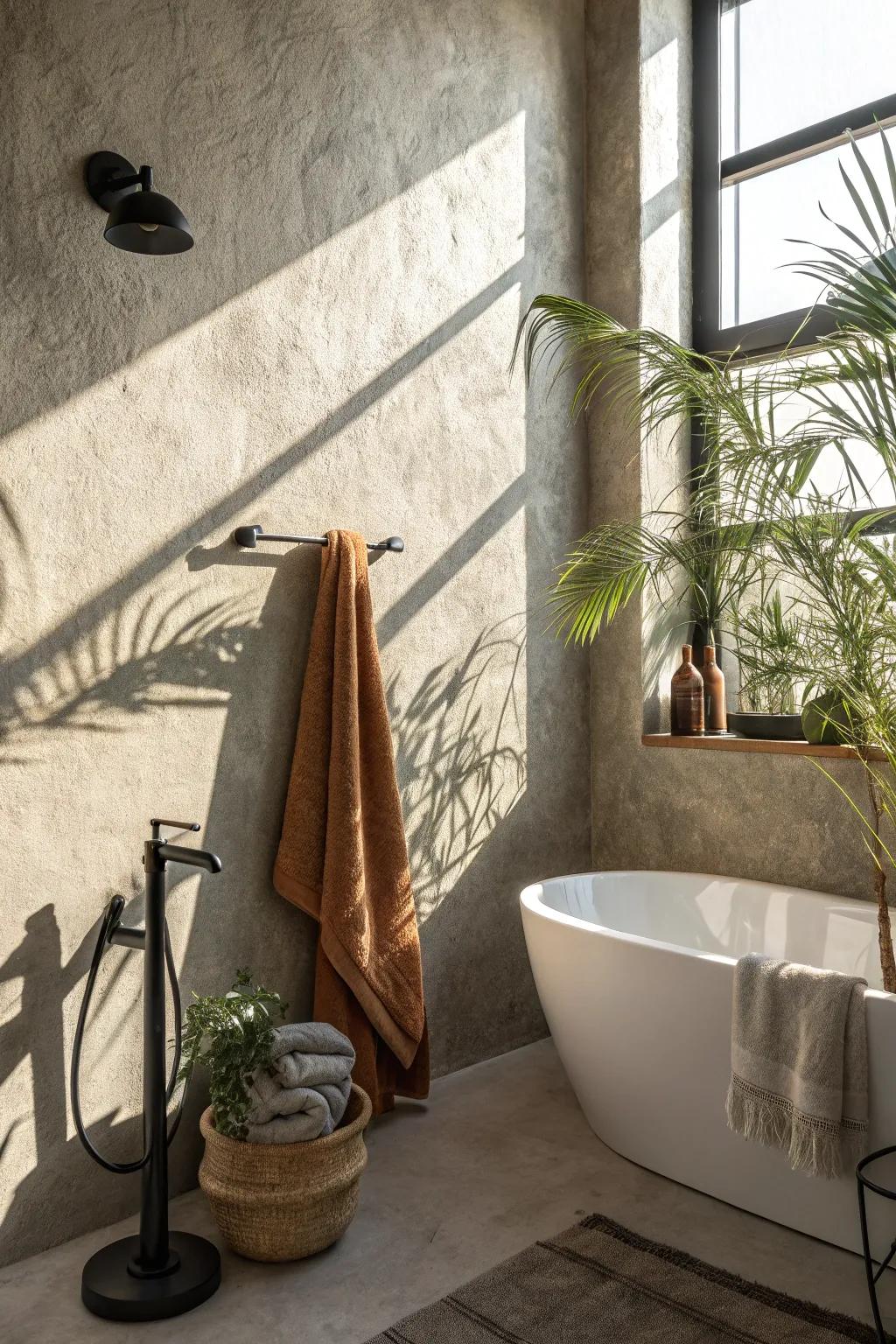 Capture the beauty of light and shadow on microcement surfaces for an enchanting bathroom.