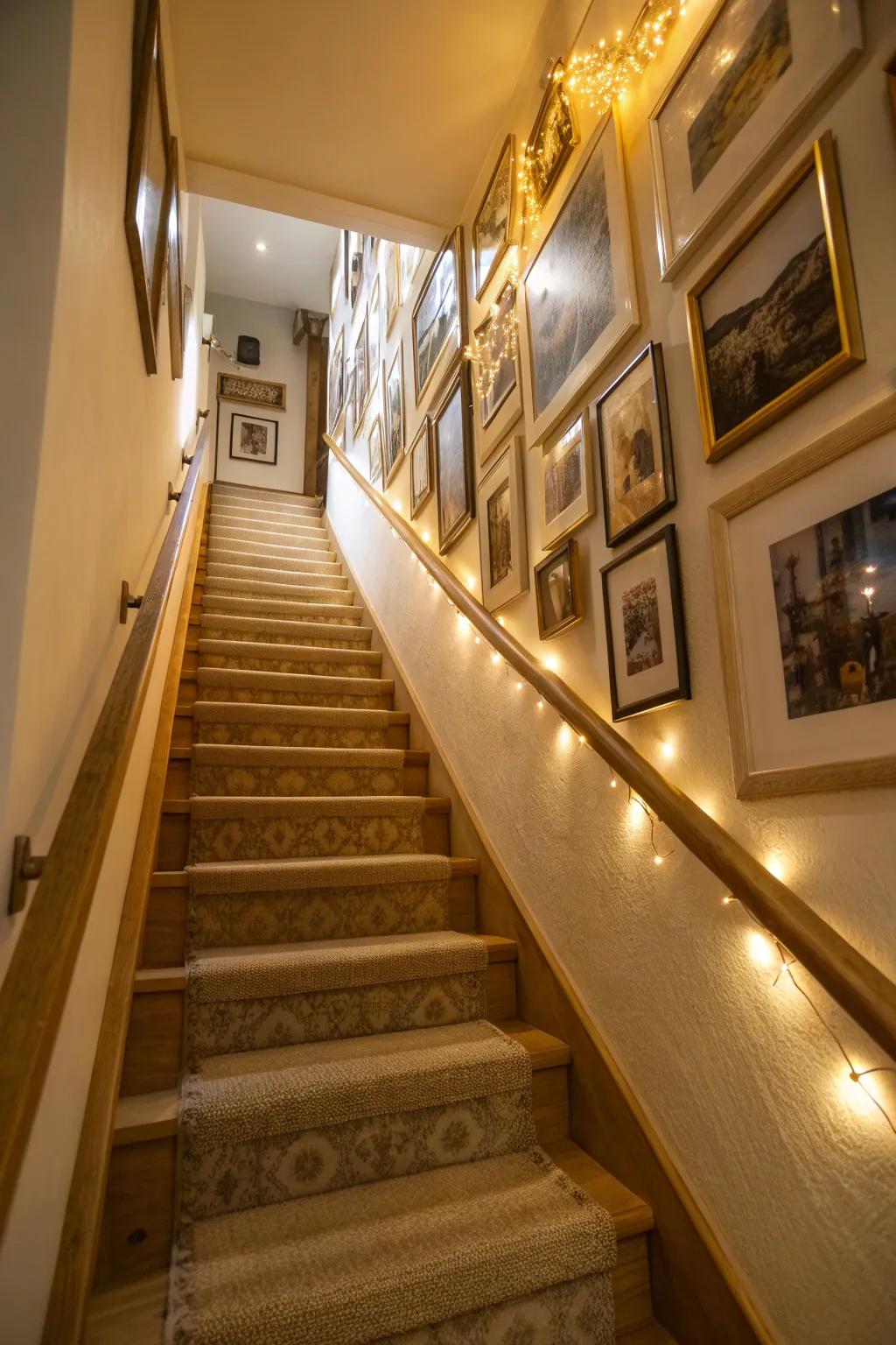 Gallery walls turn staircases into personal art exhibitions, full of memories and style.