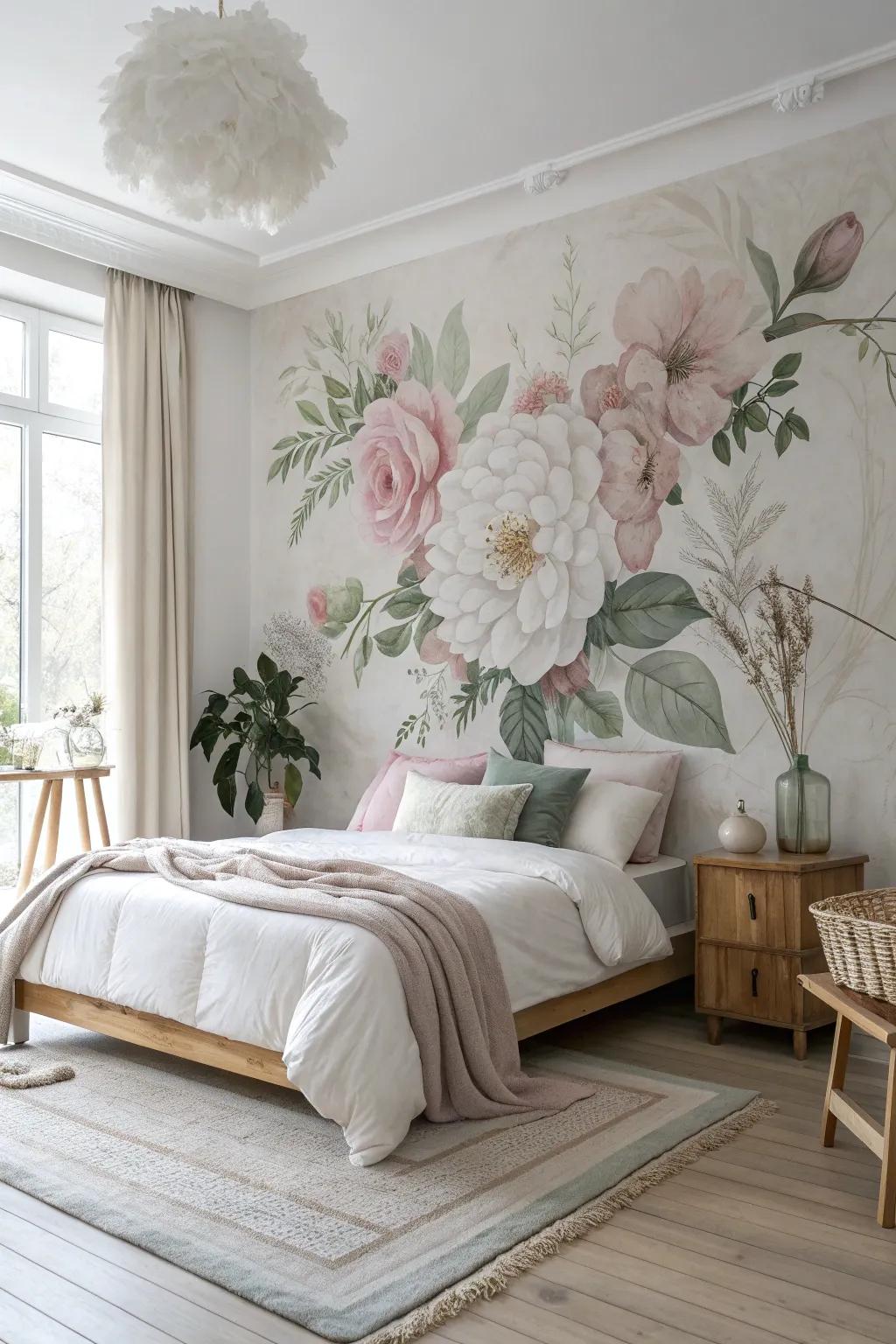 Wake up in a blooming paradise with a floral mural that adds color and charm to your bedroom.