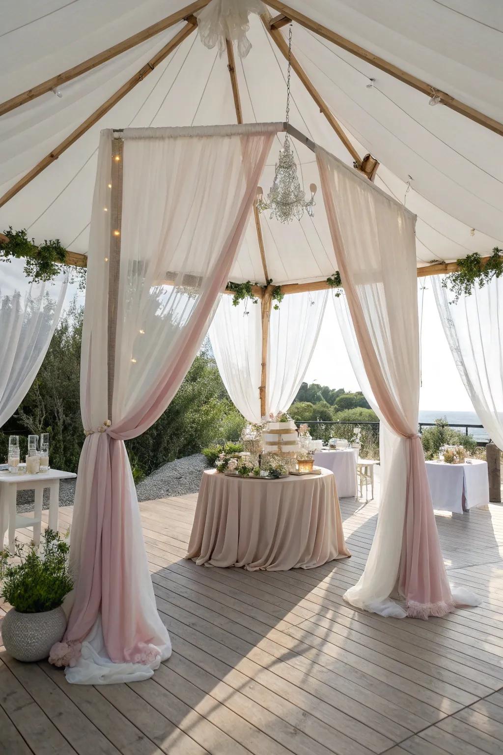 Transform your tent with flowing drapes that add elegance and charm.