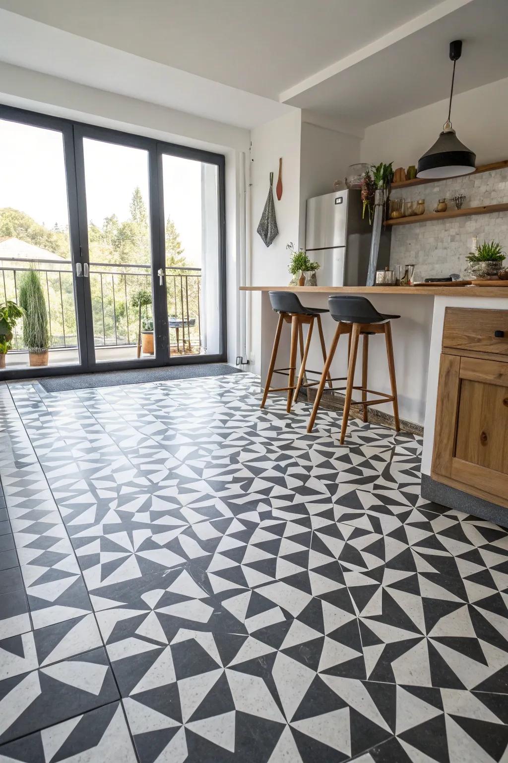 Add a modern twist to your kitchen with geometric floor patterns that make a bold statement.