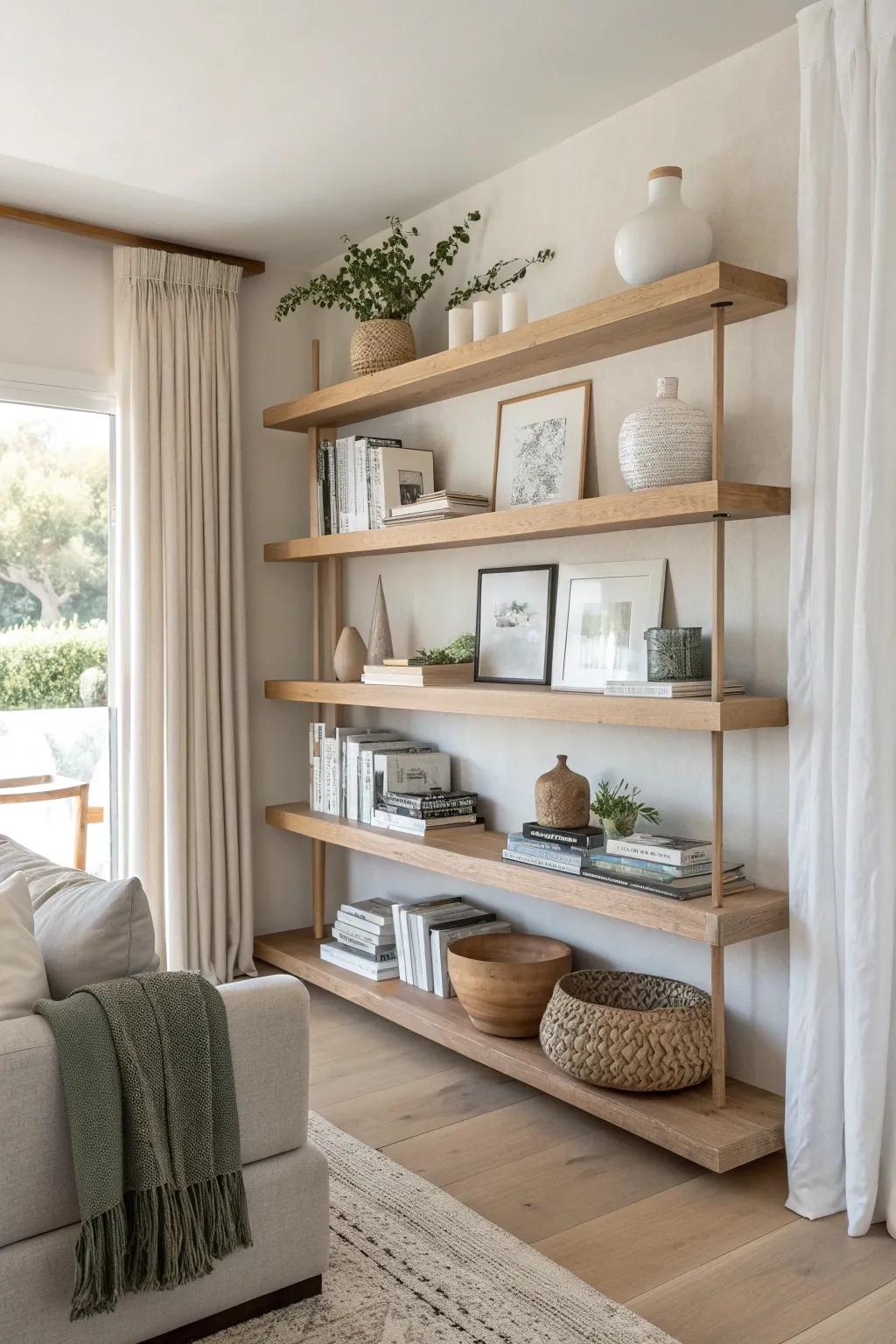 Achieve a minimalist and chic look with floating shelves that elegantly display your book collection.