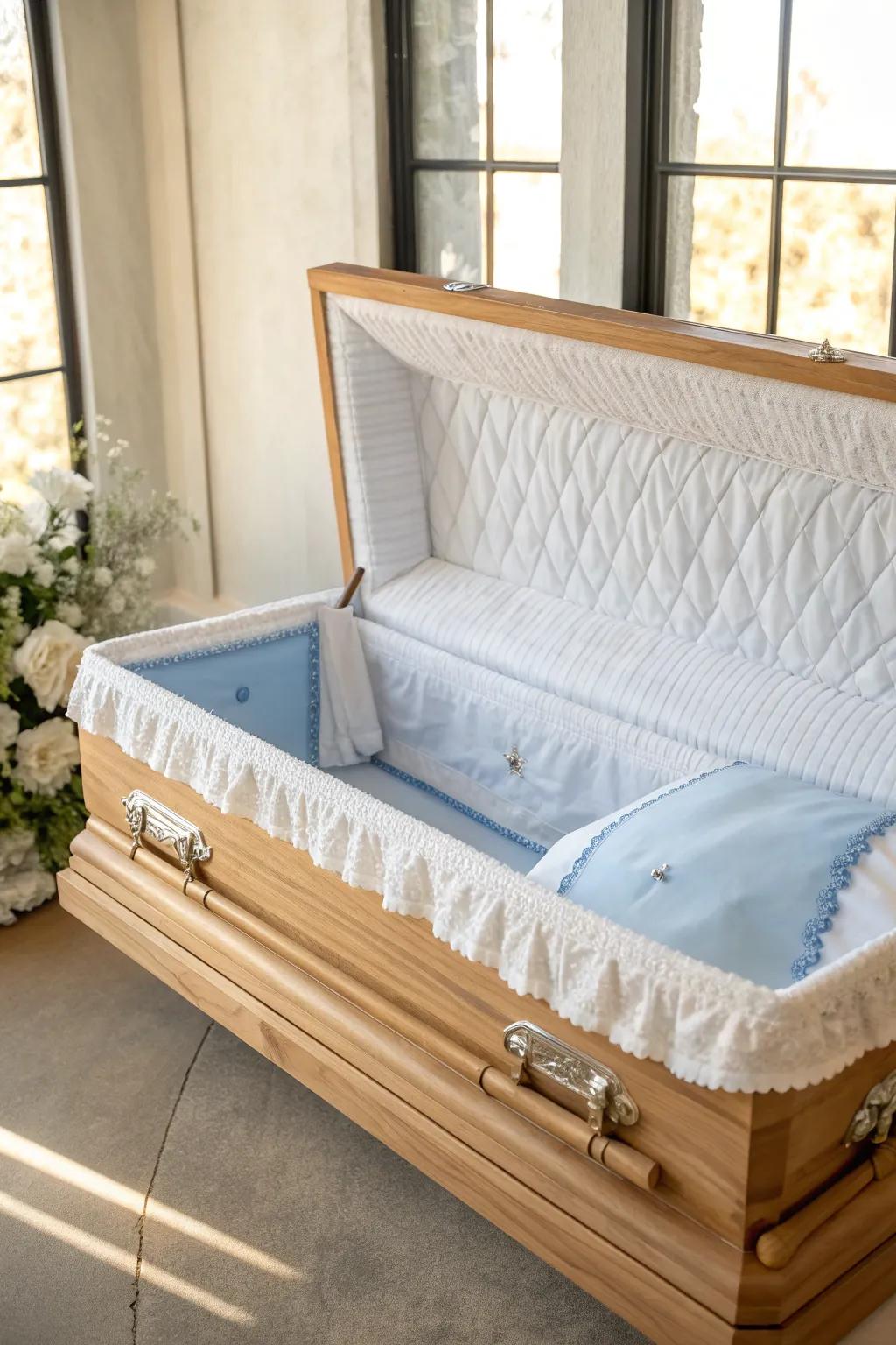 A serene fabric lining brings a touch of elegance and comfort to the casket's interior.