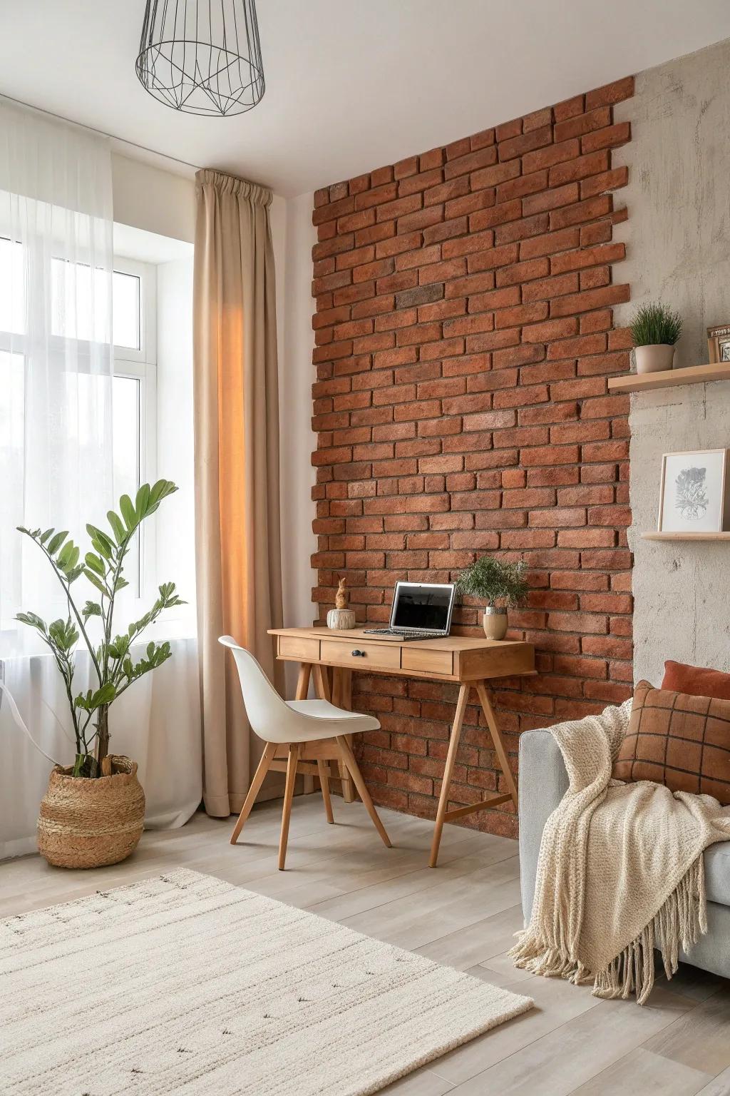 Achieve an industrial look with faux brick panels that hide imperfections beautifully.