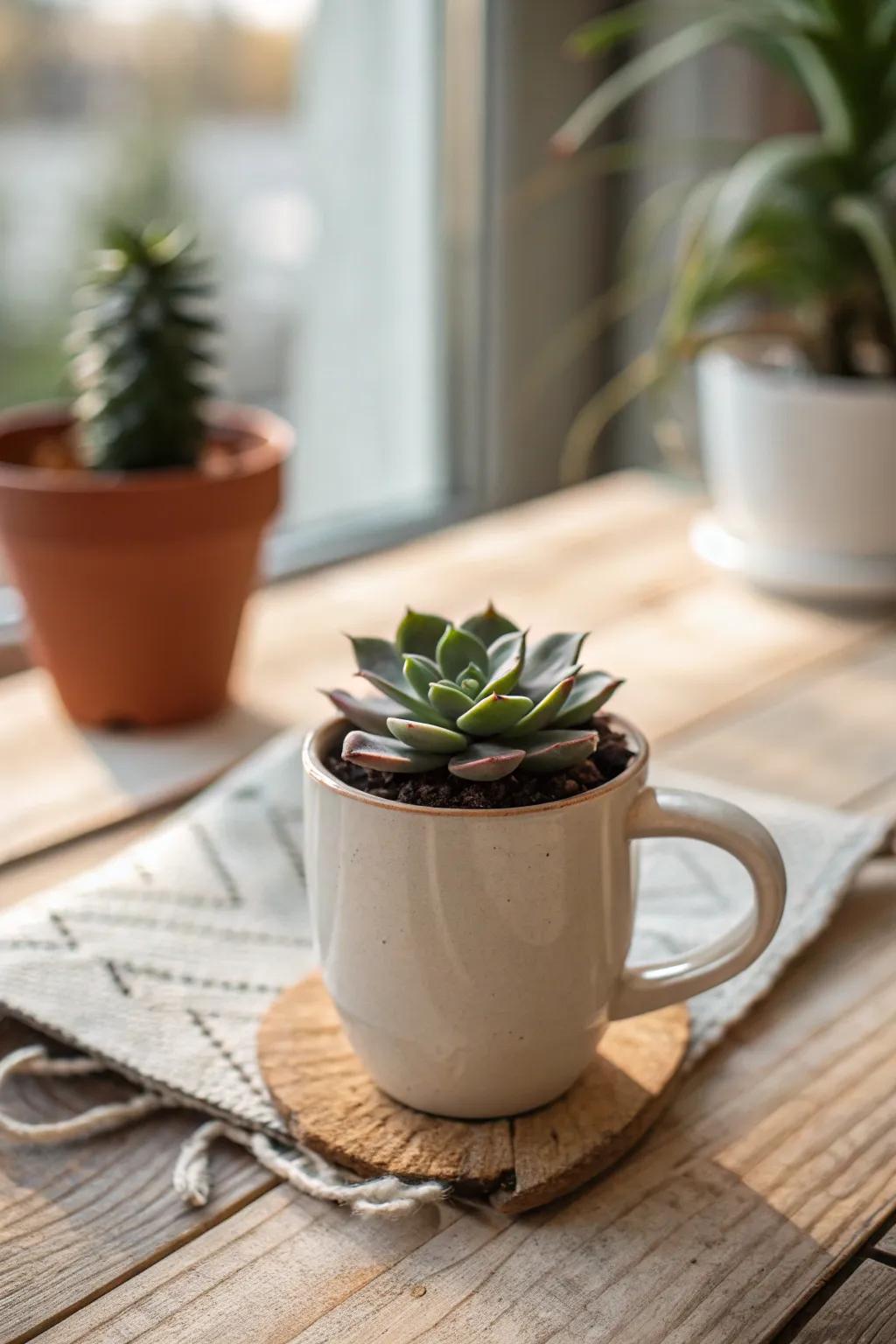 Add a pop of green to your gift with a succulent resting in a coffee mug.