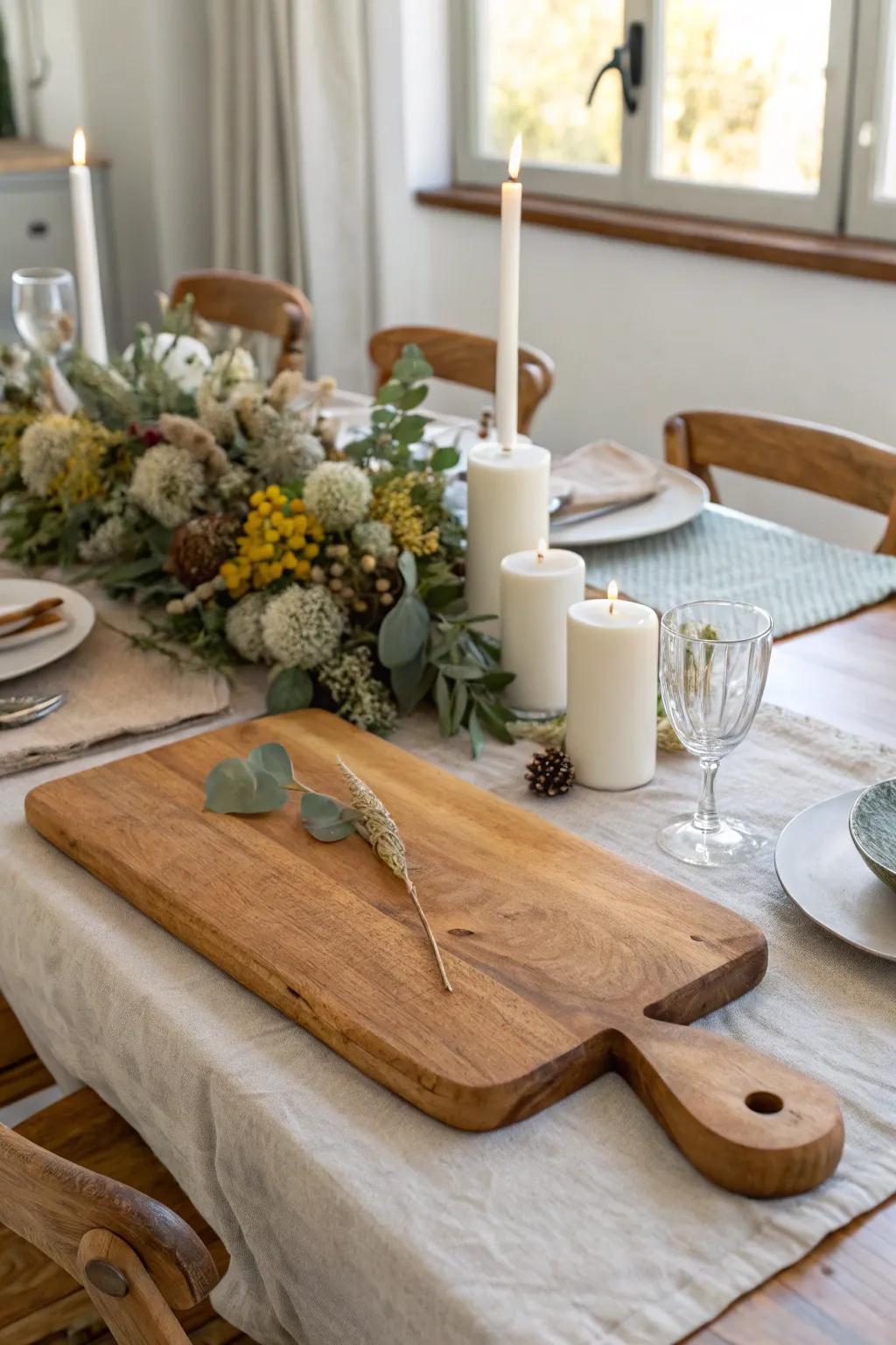 Create an inviting dining experience by using a cutting board as the foundation for your centerpiece.