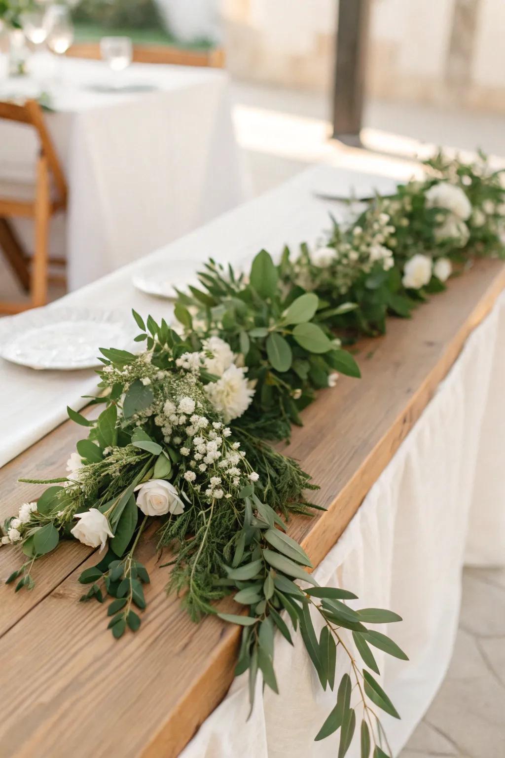 Lush greenery and delicate white blossoms create a timeless wedding atmosphere.
