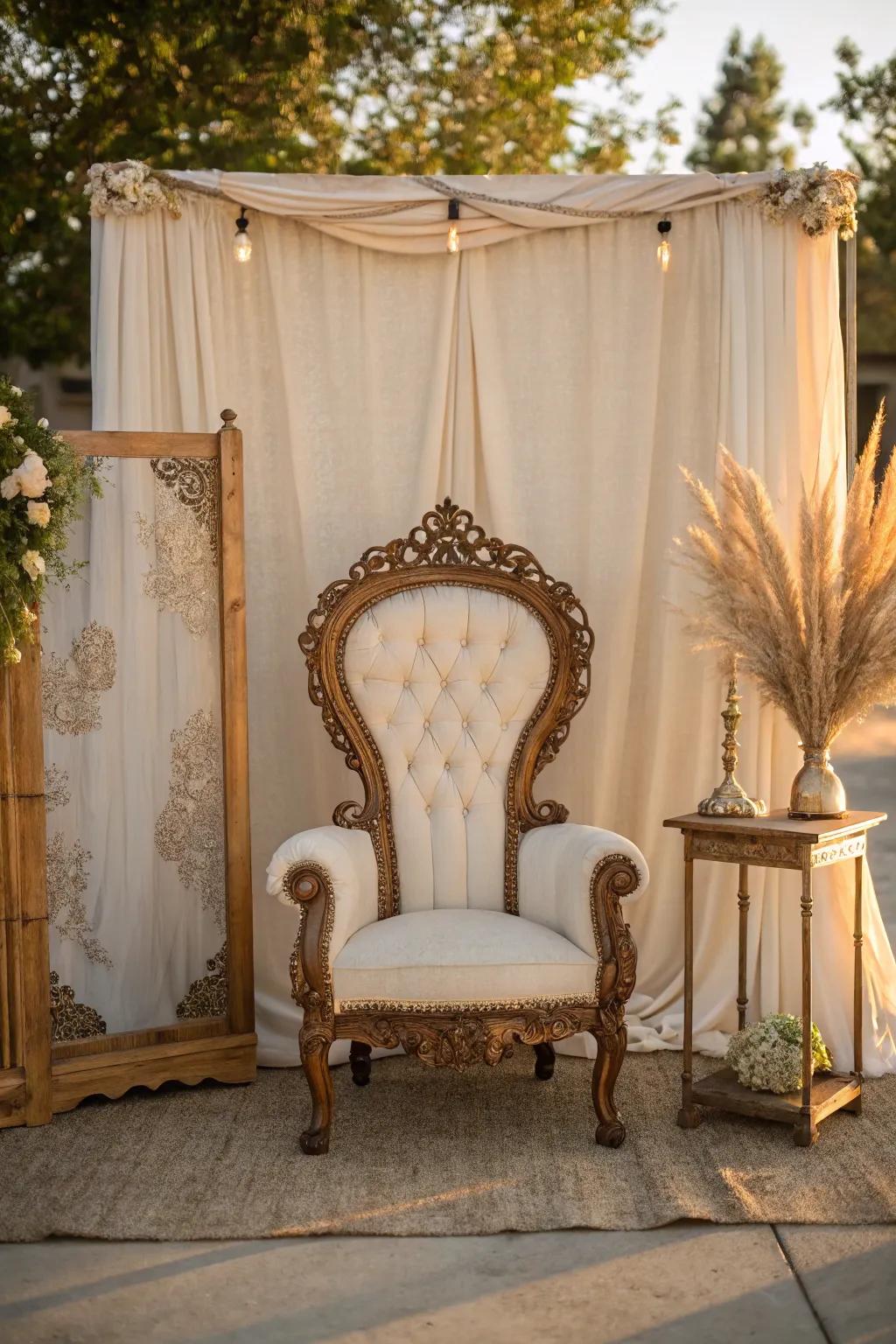 Timeless elegance with vintage furniture creates a photo booth that's both stylish and inviting.