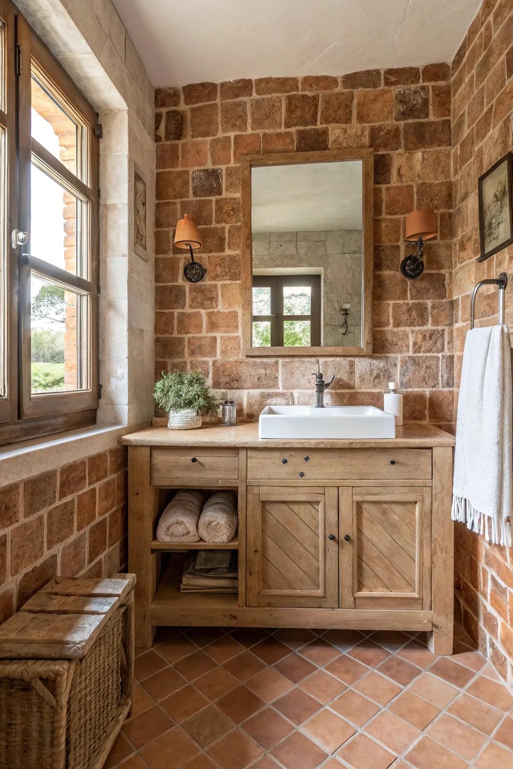 Add rustic charm to your bathroom with the textured beauty of brick tiles.