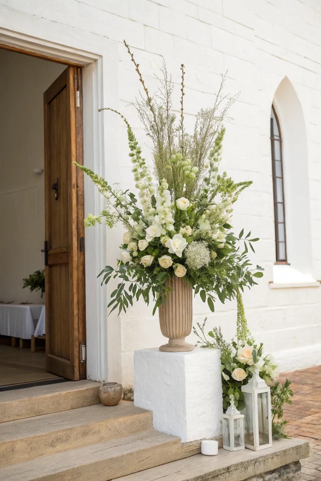 Vertical floral displays add a sense of grandeur to church entryways. 🌿 #ChurchDecor #FloralDesign #VerticalElegance