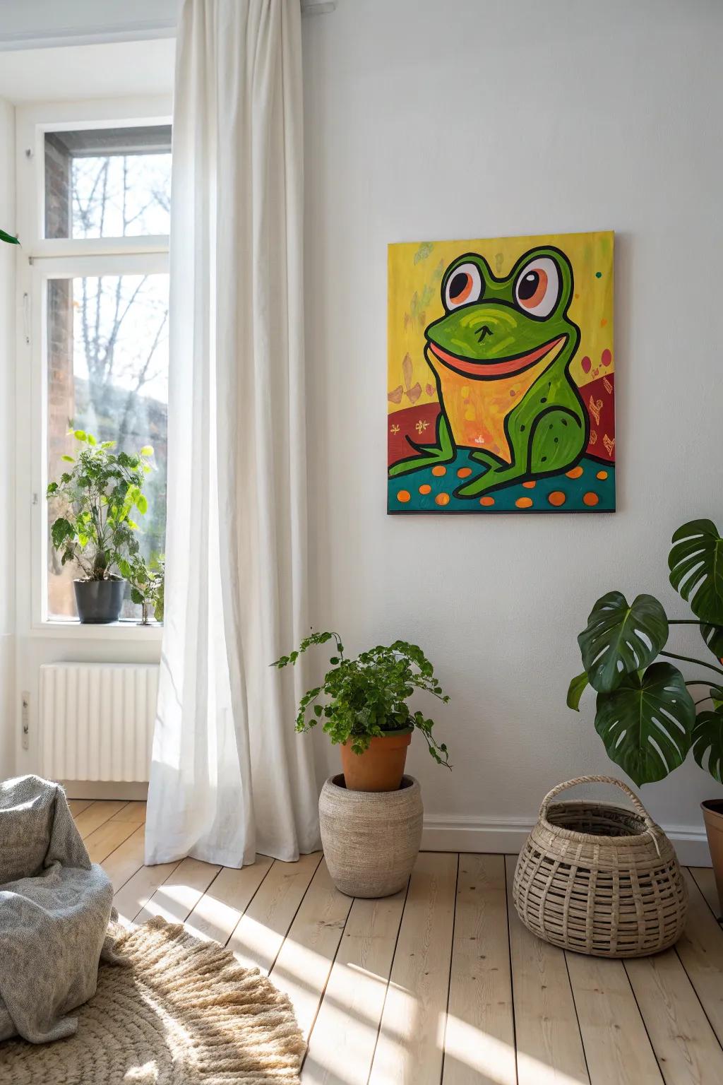 Add a playful touch to your decor with vibrant cartoon frogs that burst with character.