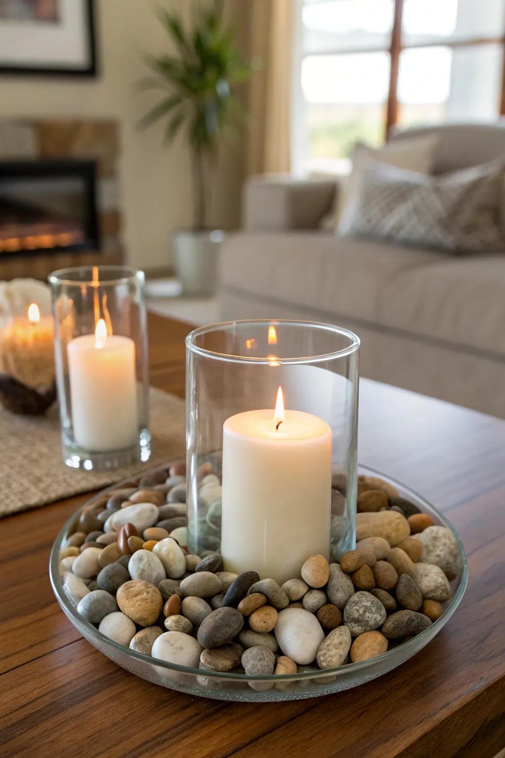 Create a cozy atmosphere with the flickering light of candles nestled among smooth pebbles. #Candlelight #CozyVibes #TableDecor