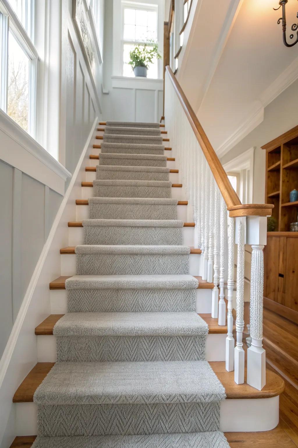 Step up your decor with a plush grey carpet runner that marries comfort with style. #CozyVibes #HomeInspo