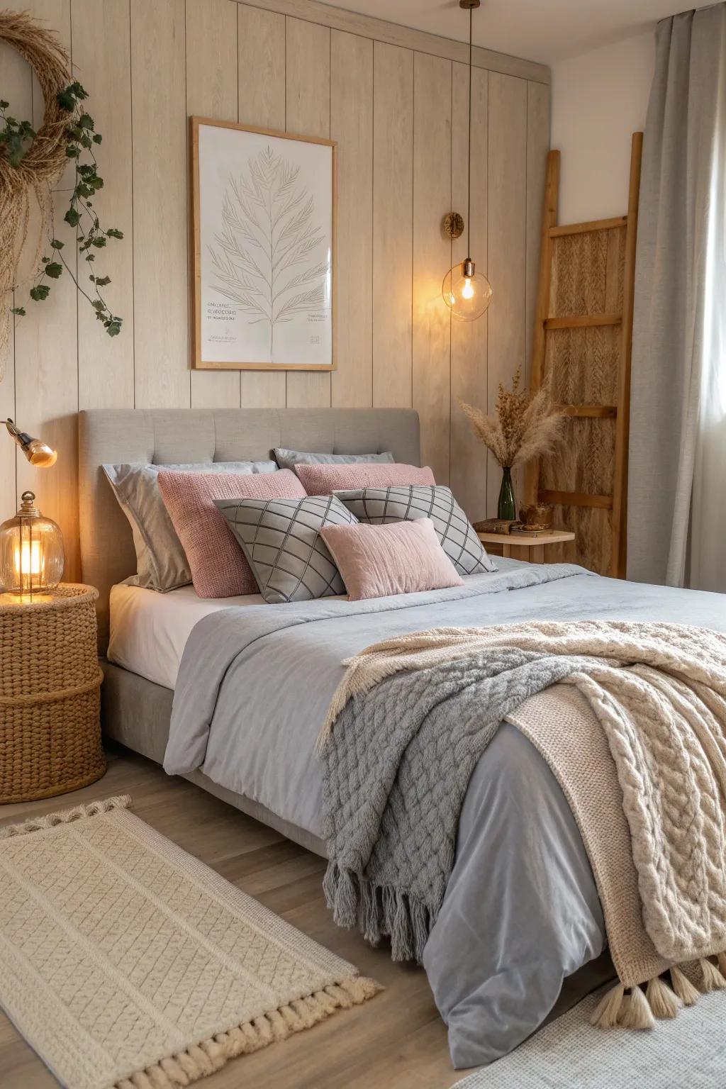 Layer textured fabrics to create a warm and inviting grey bedroom.