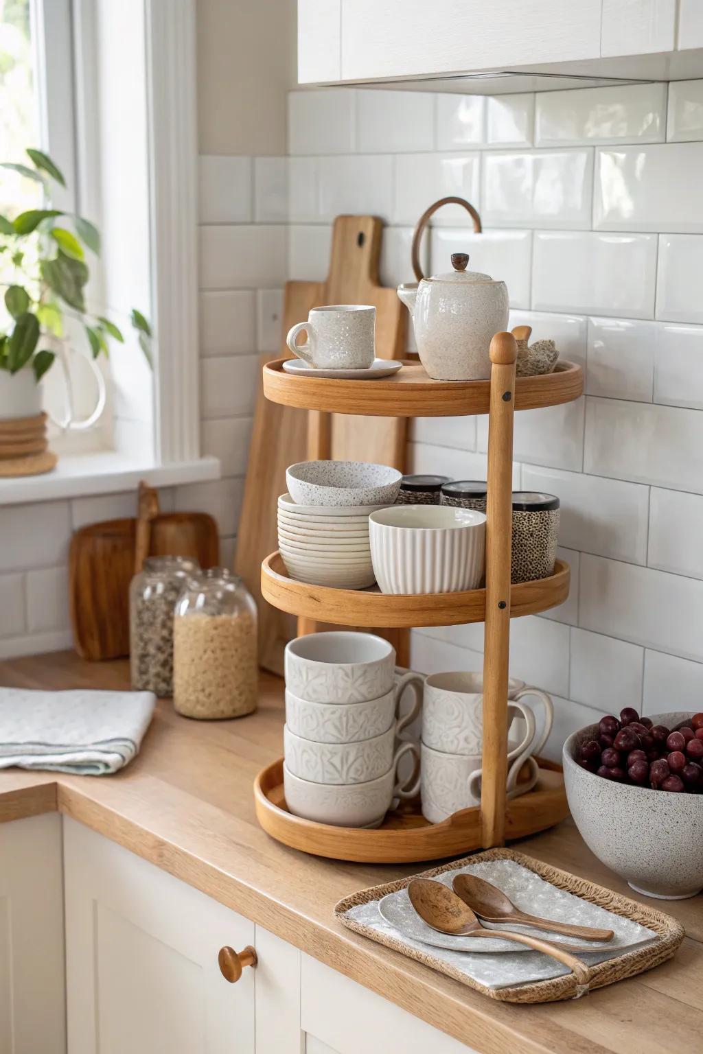 Maximize corner spaces with tiered racks for a tidy and accessible kitchen.
