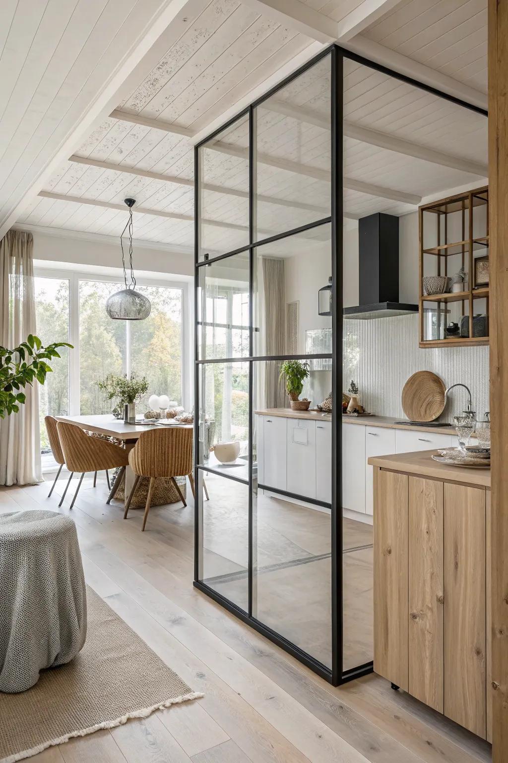 Achieve a chic look with glass partitions that maintain openness while defining your kitchen space.