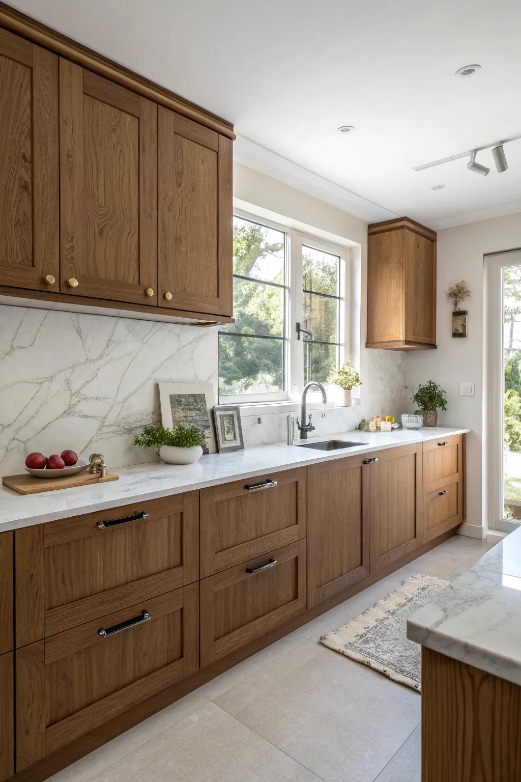Brighten your kitchen with the perfect blend of dark cabinets and light countertops.
