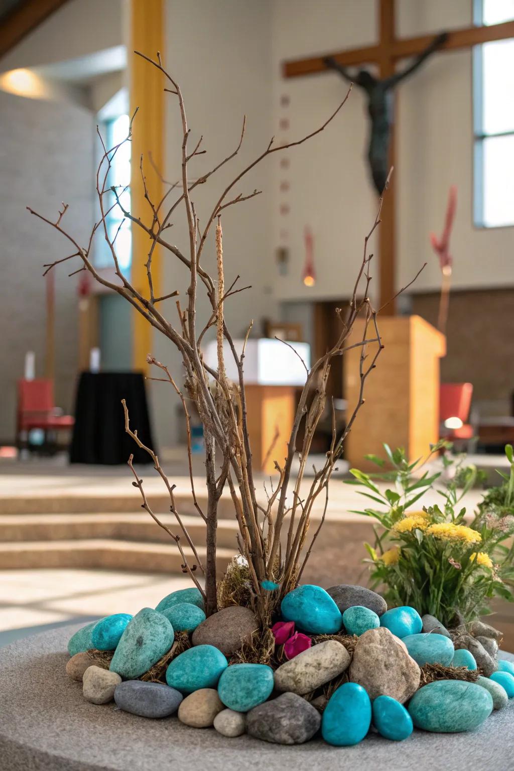 Natural elements like stones and branches bring the outside in for a mindful Lent decor.