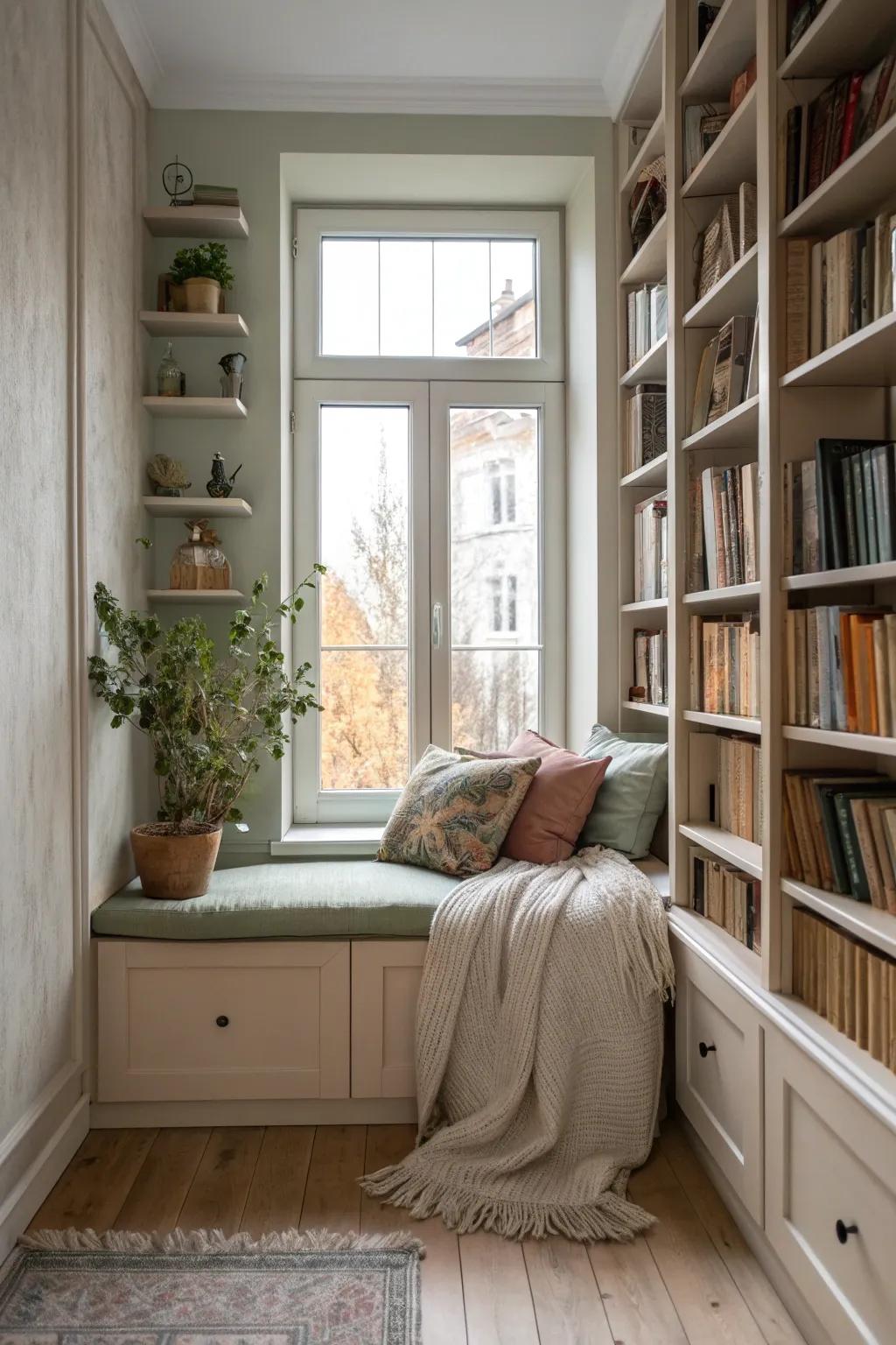 Indulge in a sunlit reading escape with a window nook that combines the comfort of home with the allure of a library.