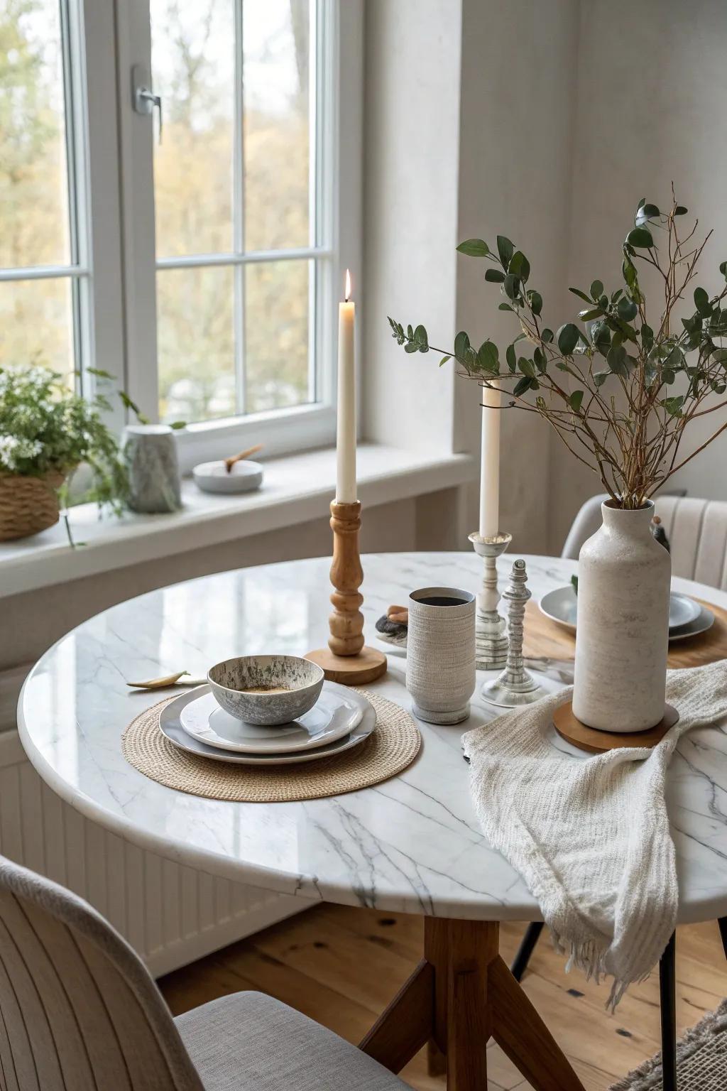 Embrace the beauty of simplicity with a minimalist approach to your marble table decor.