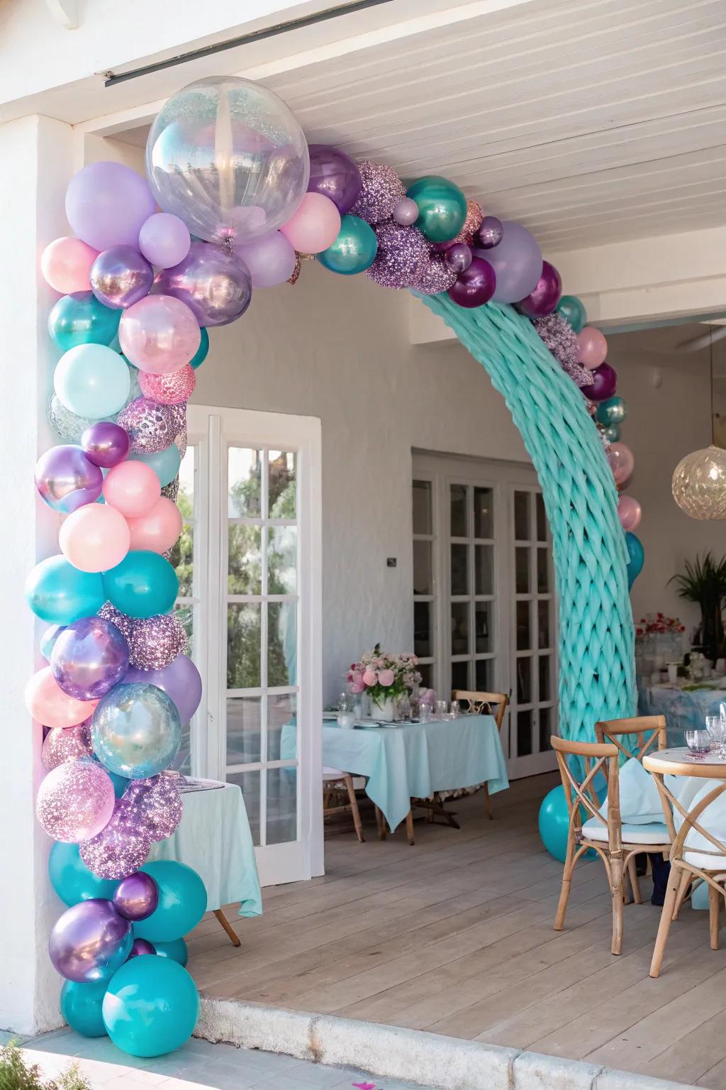 Enter a world of enchantment with a vibrant mermaid balloon garland.