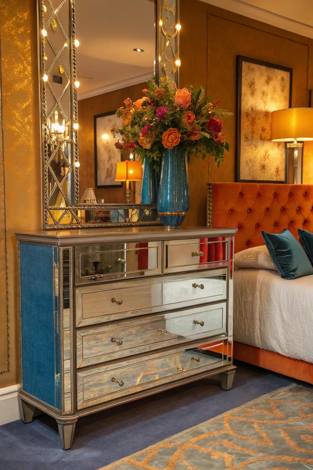A mirrored dresser combines storage with elegance, beautifully reflecting its surroundings.
