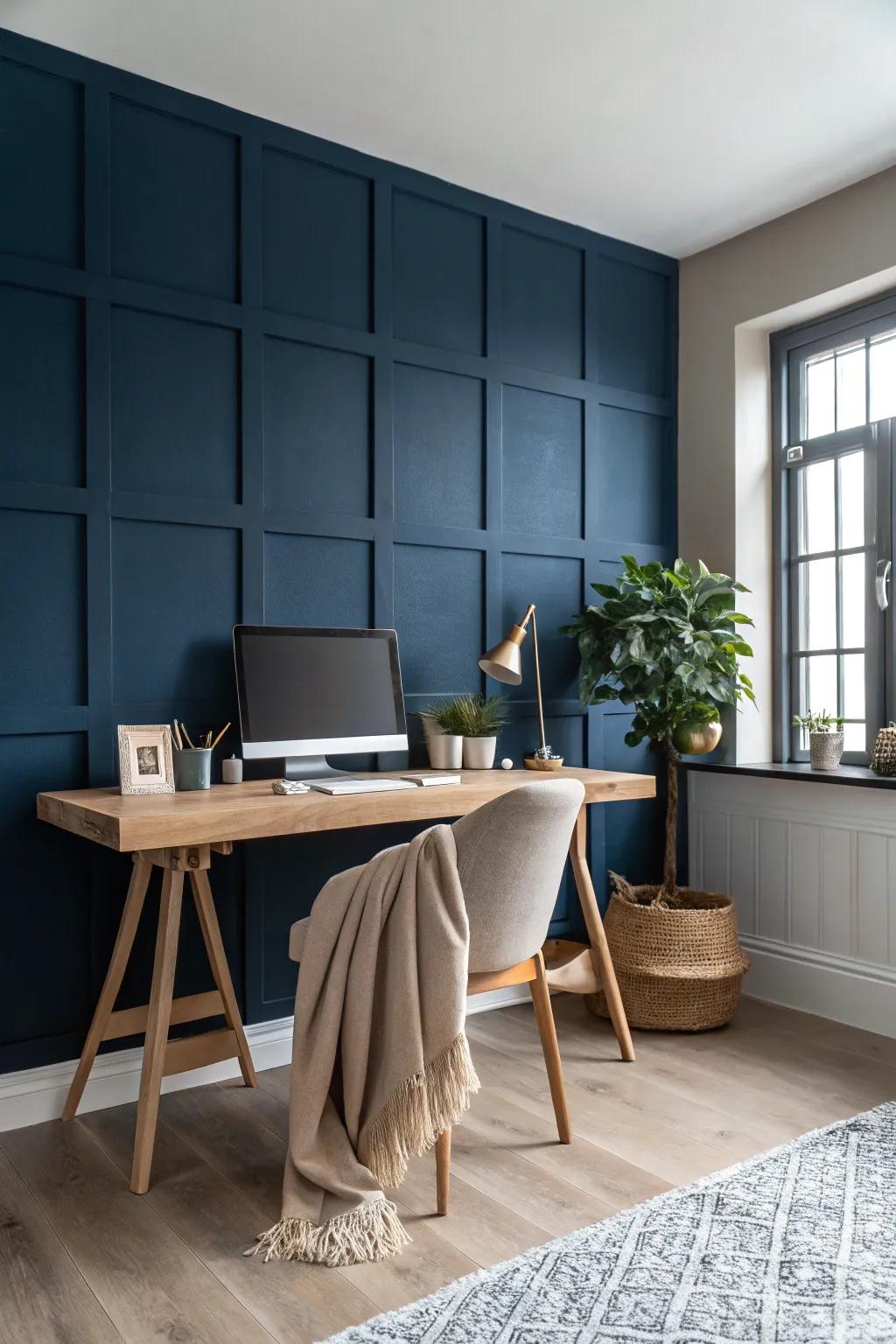 Dare to be bold with a striking navy blue accent wall that energizes your office space. Perfect for sparking creativity and focus.
