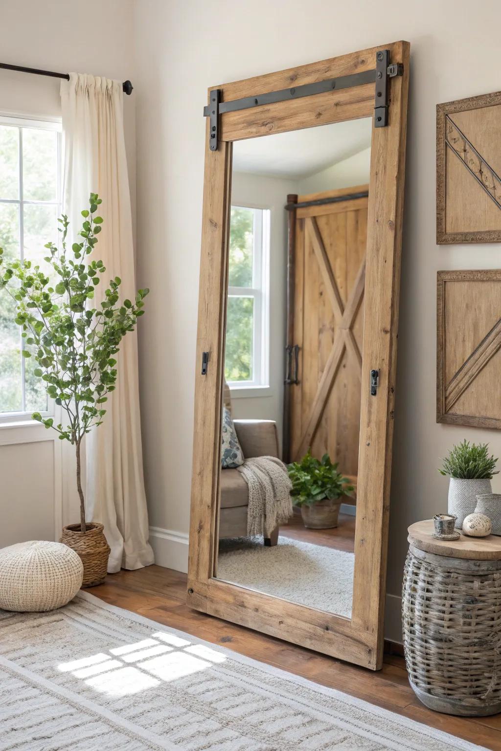 Bring the countryside indoors with a barn door mirror that radiates rustic warmth. #FarmhouseStyle #CozyHome