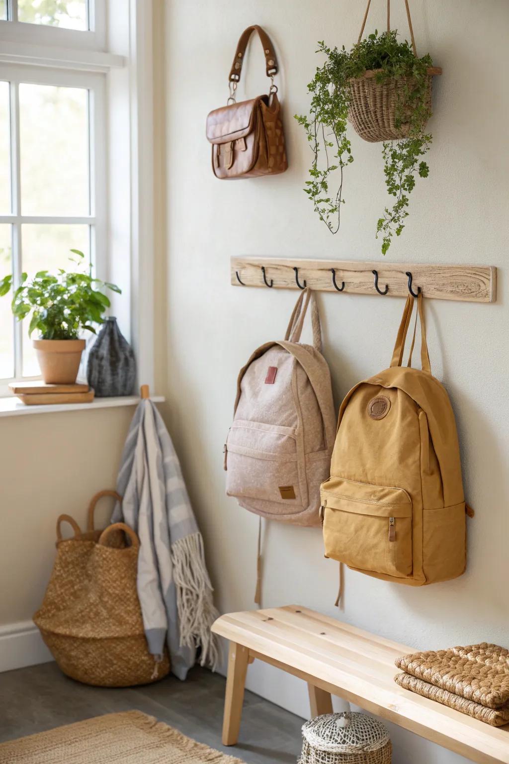Wall hooks are a simple yet stylish way to keep school bags organized and off the floor.