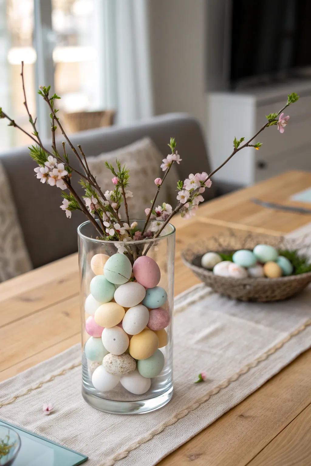 Pastel-colored eggs in a vase add a playful, festive touch to your spring decor.