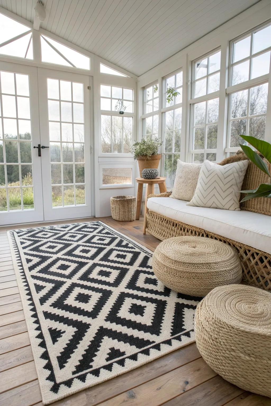 Geometric patterns bring a dash of contemporary flair to your sunroom, making it a standout space.