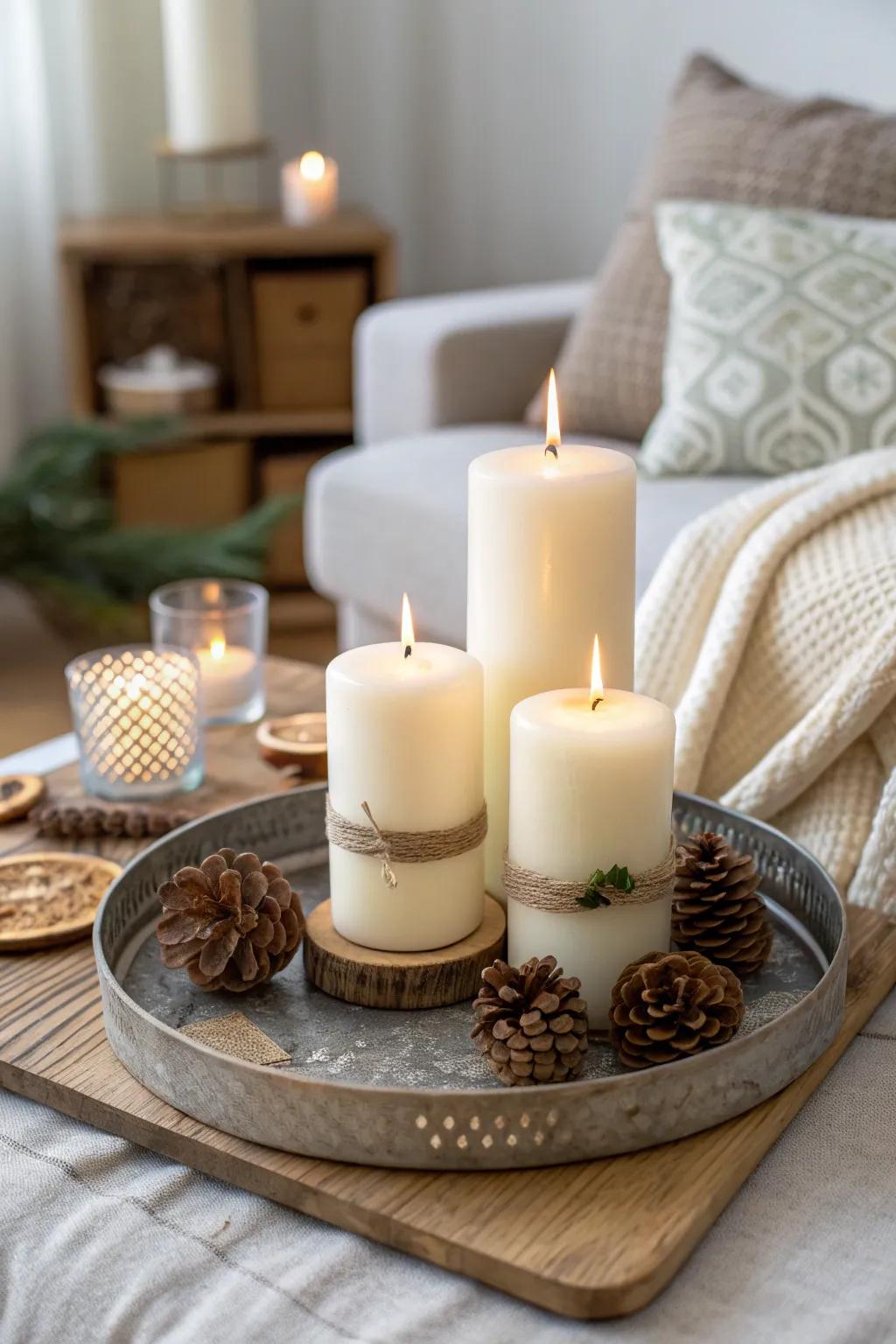Create a serene atmosphere with the gentle flicker of candlelight on a chic metallic tray.