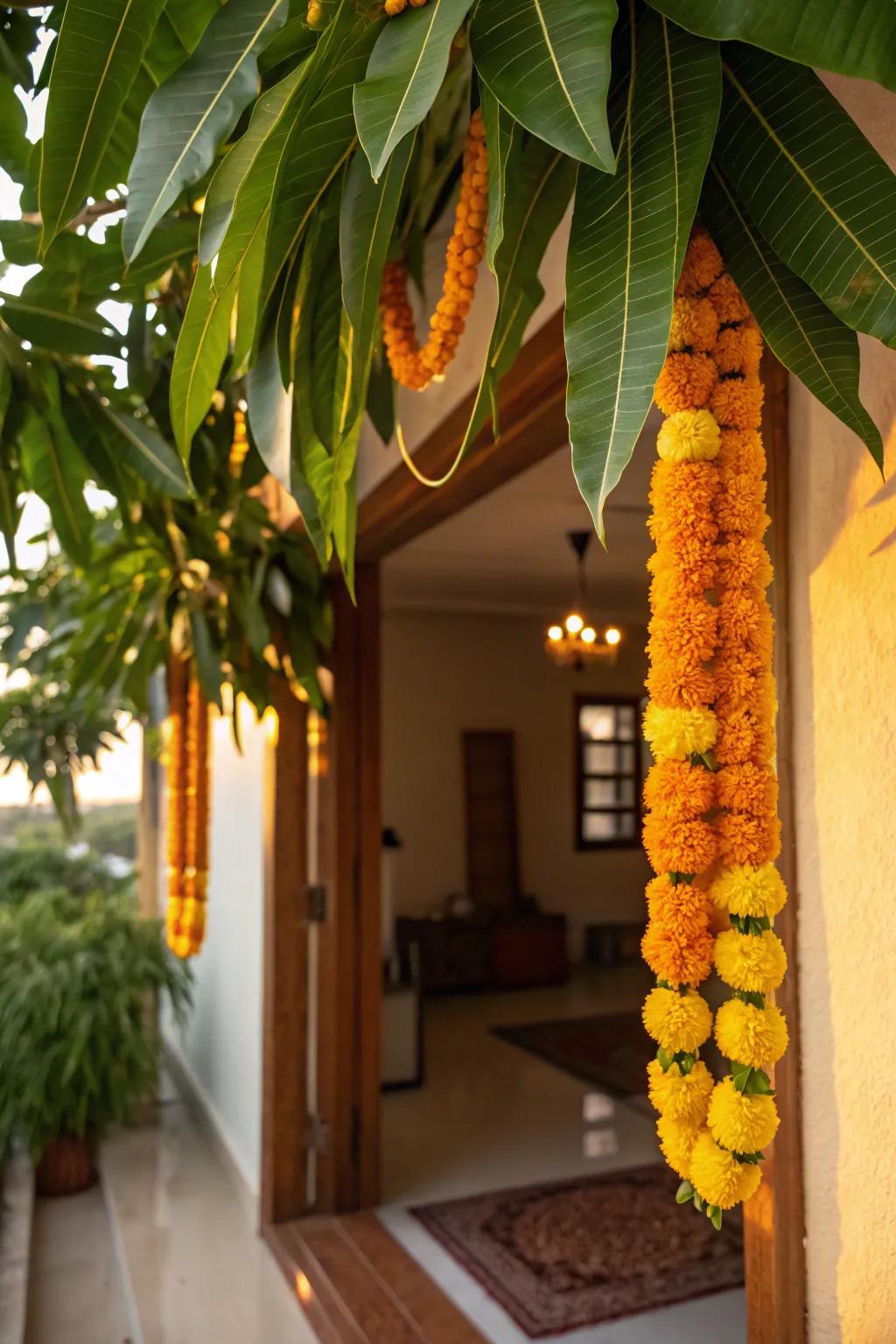 Brighten your doorways with marigold and mango leaf torans for a festive touch.