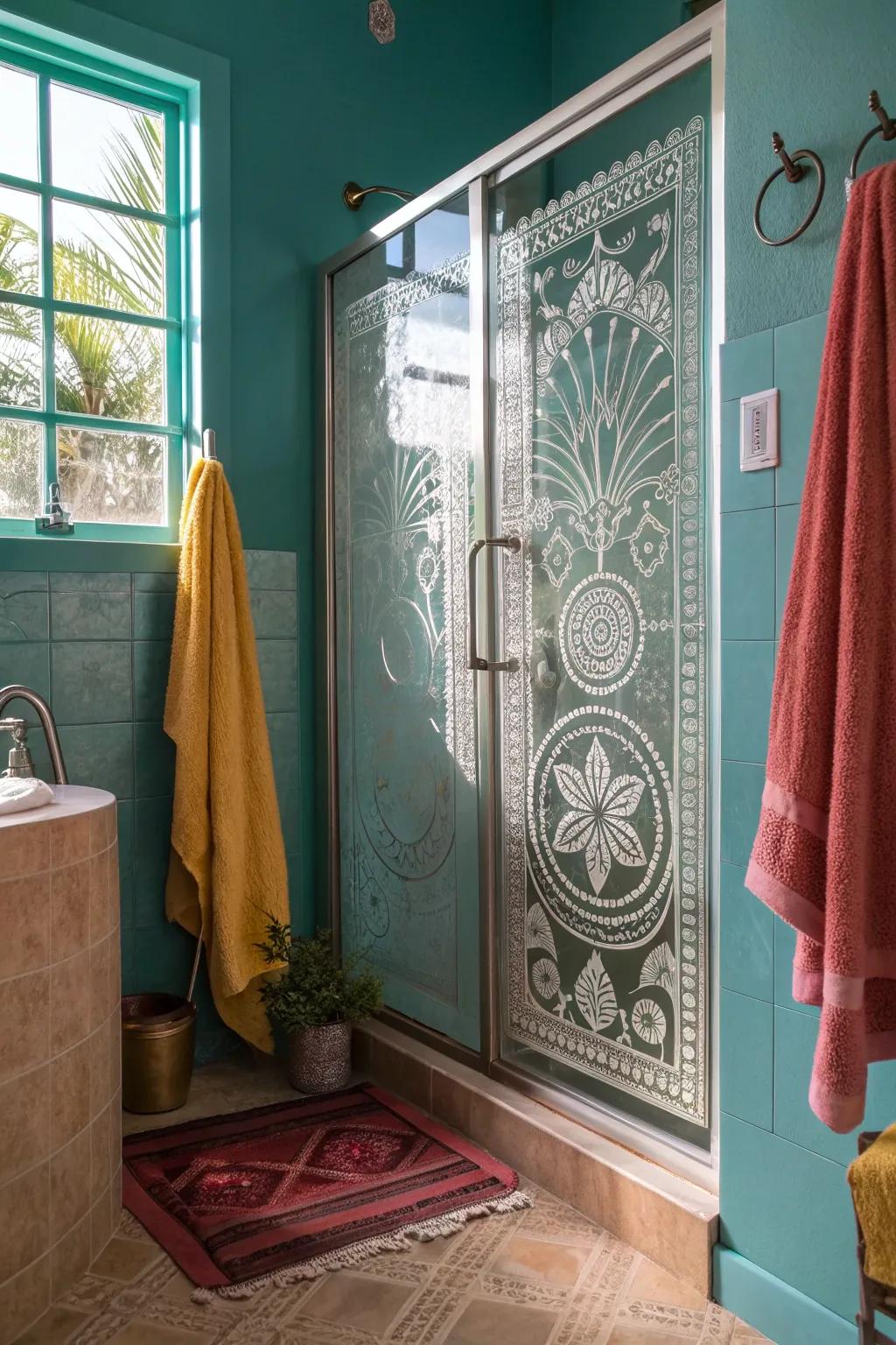 Etched glass doors create a serene and artistic ambiance in your bathroom oasis.
