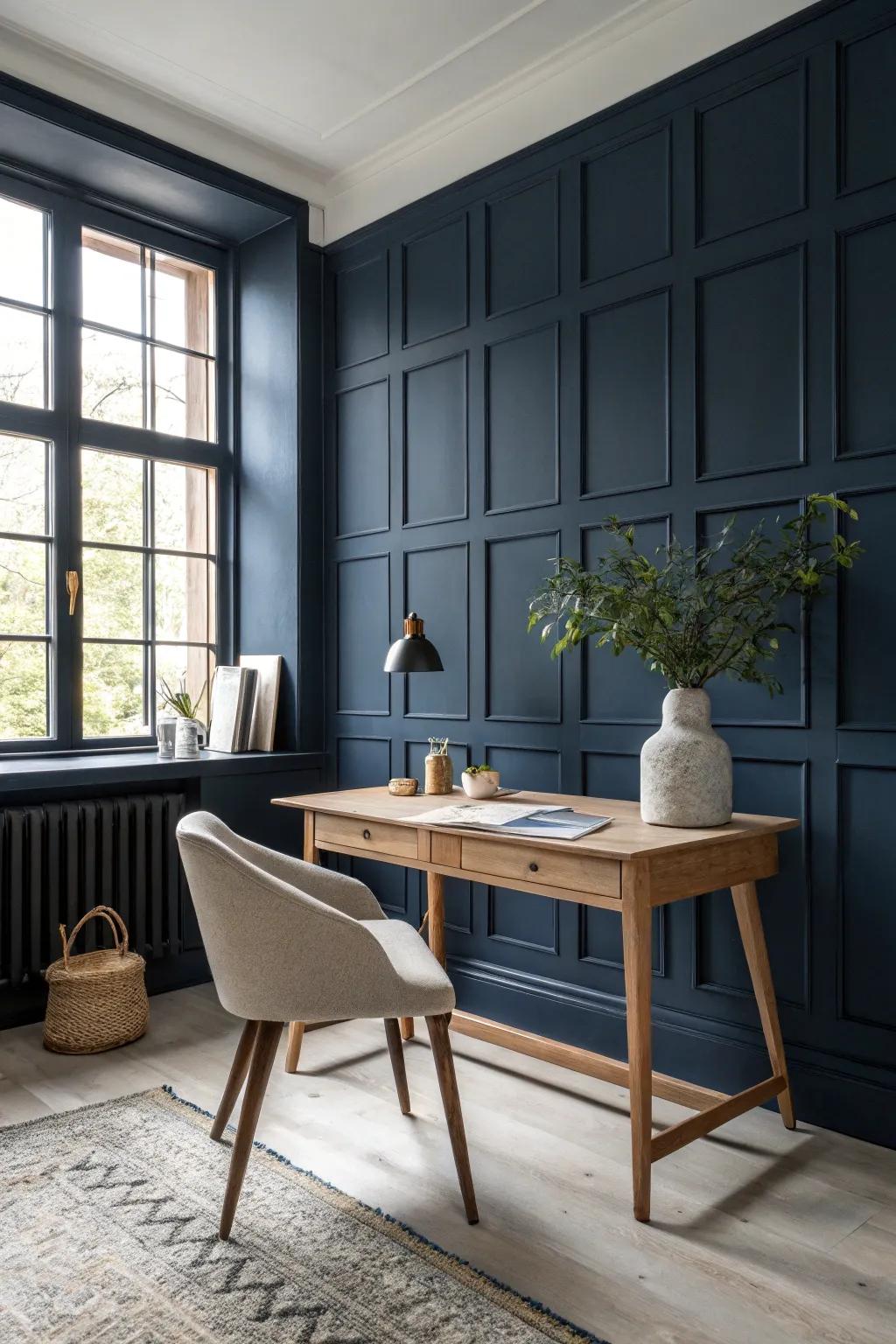 Make a statement with bold, painted wainscoting for a cozy office vibe.