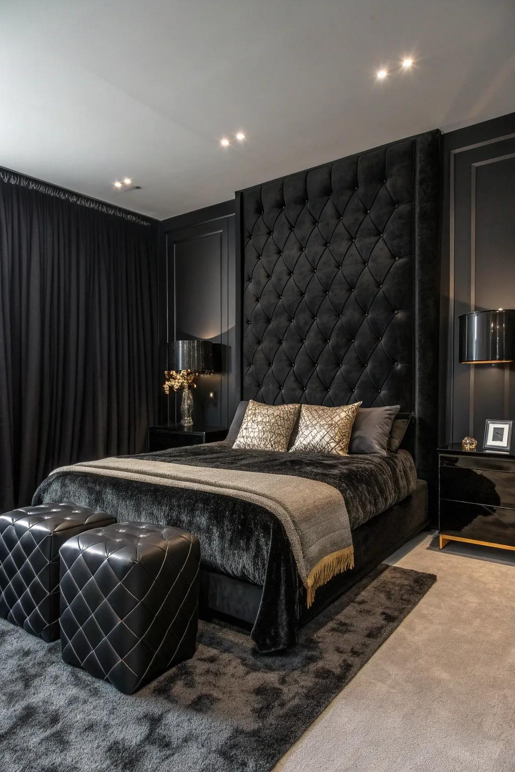 Rich textures like velvet and leather bring depth to your black bedroom, making it anything but ordinary. #InteriorDesign #BedroomInspo 🌟