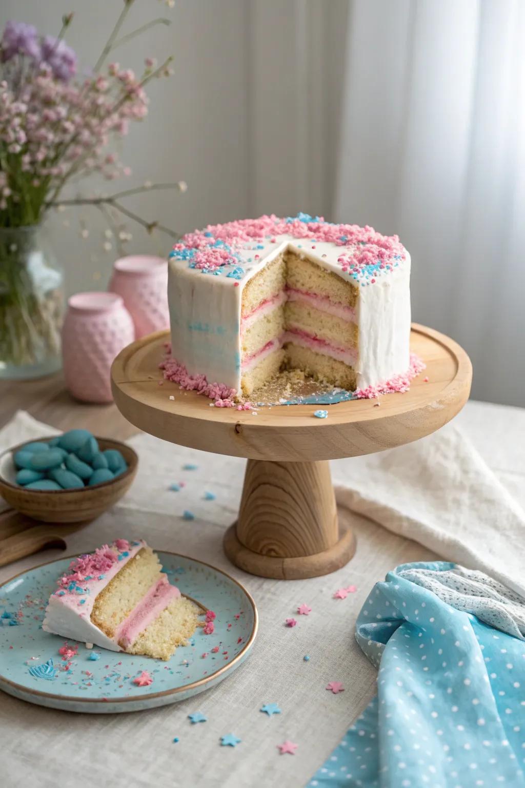 A gender reveal cake with hidden sprinkles is a sweet way to surprise everyone! #GenderReveal #BabyCelebration