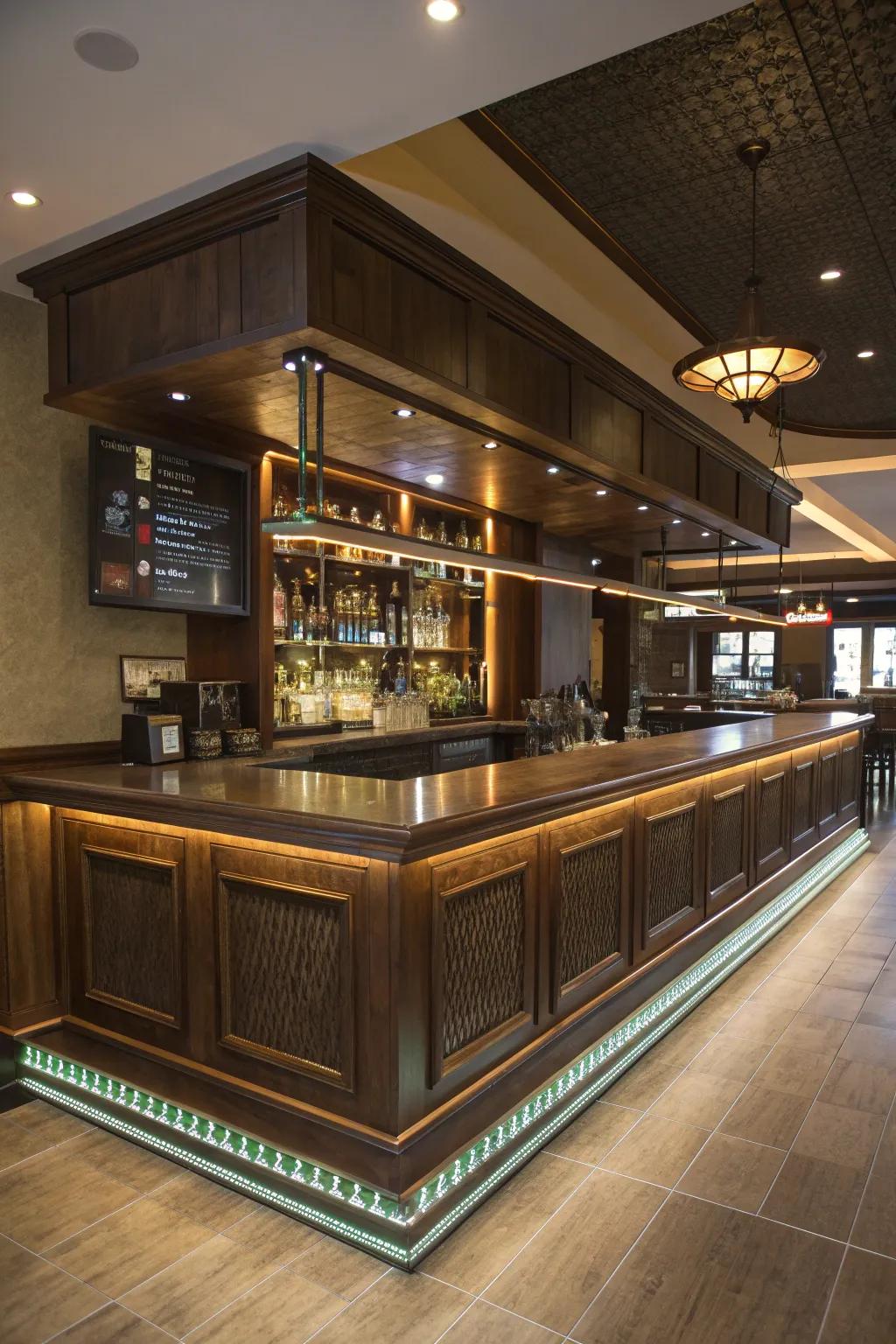 Illuminate your bar with sleek LED strip lighting for a futuristic feel.