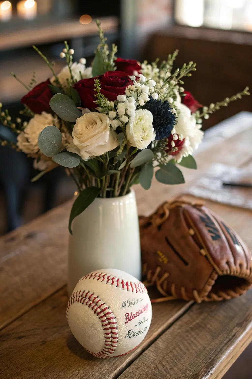 Add a creative twist to your decor with a baseball vase filled with blooms! ⚾️🌸 #CreativeDIY #BabyShowerDecor