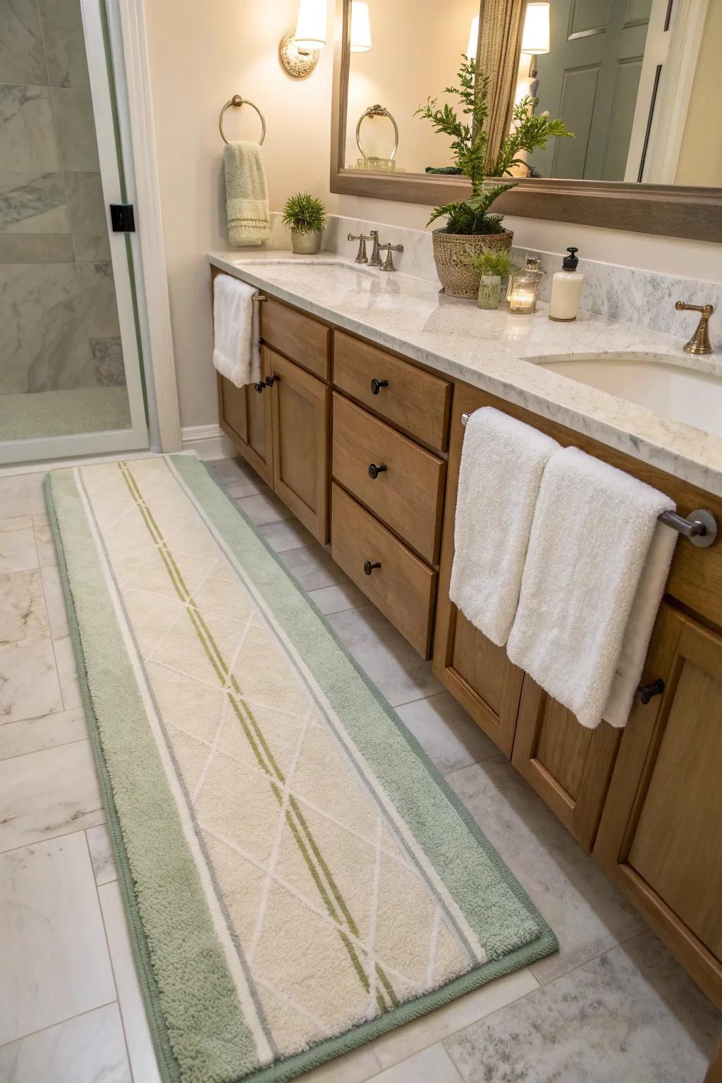 Achieve perfect symmetry and comfort by adding a runner between your double vanities. #BathroomGoals