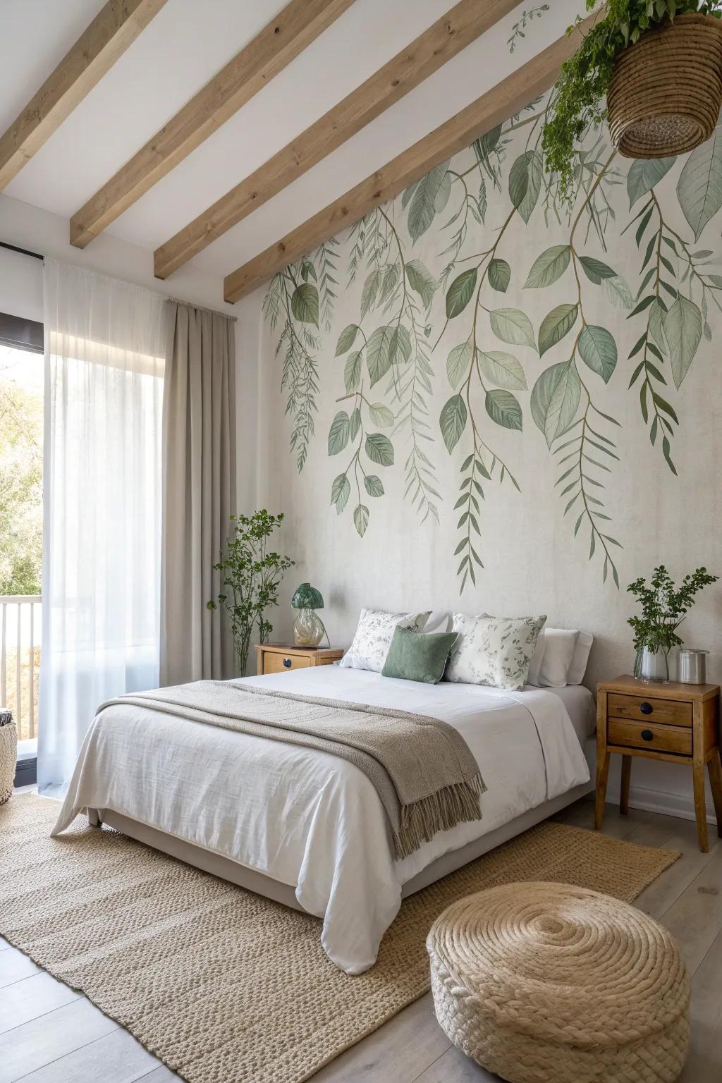 Bring the outdoors in with a botanical mural that breathes life and freshness into your space. #BotanicalBeauty #HomeInspo #GreenLiving