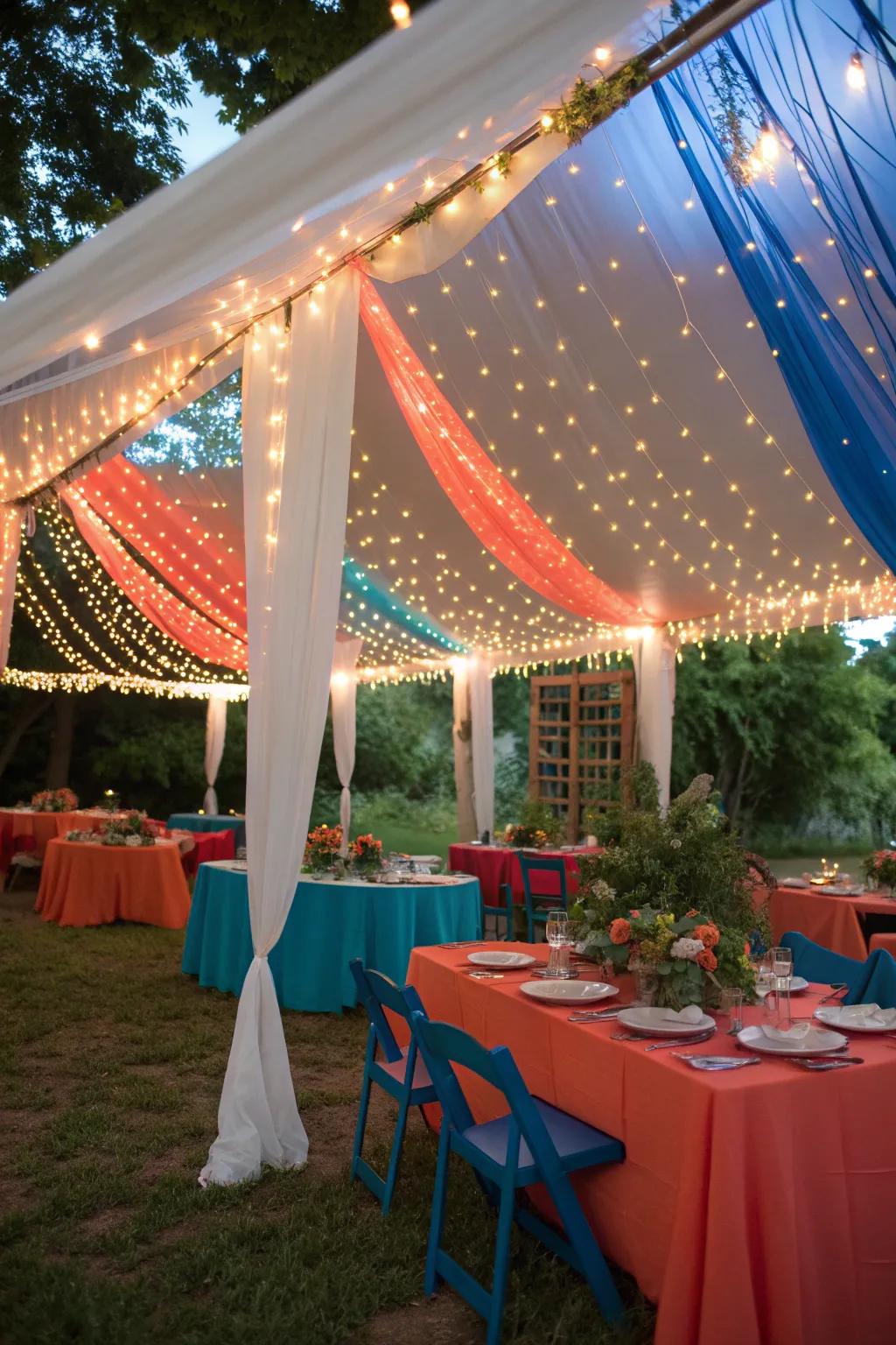 Bathe your tent in a starry glow with enchanting string lights. ✨ #OutdoorDecor #PartyInspiration