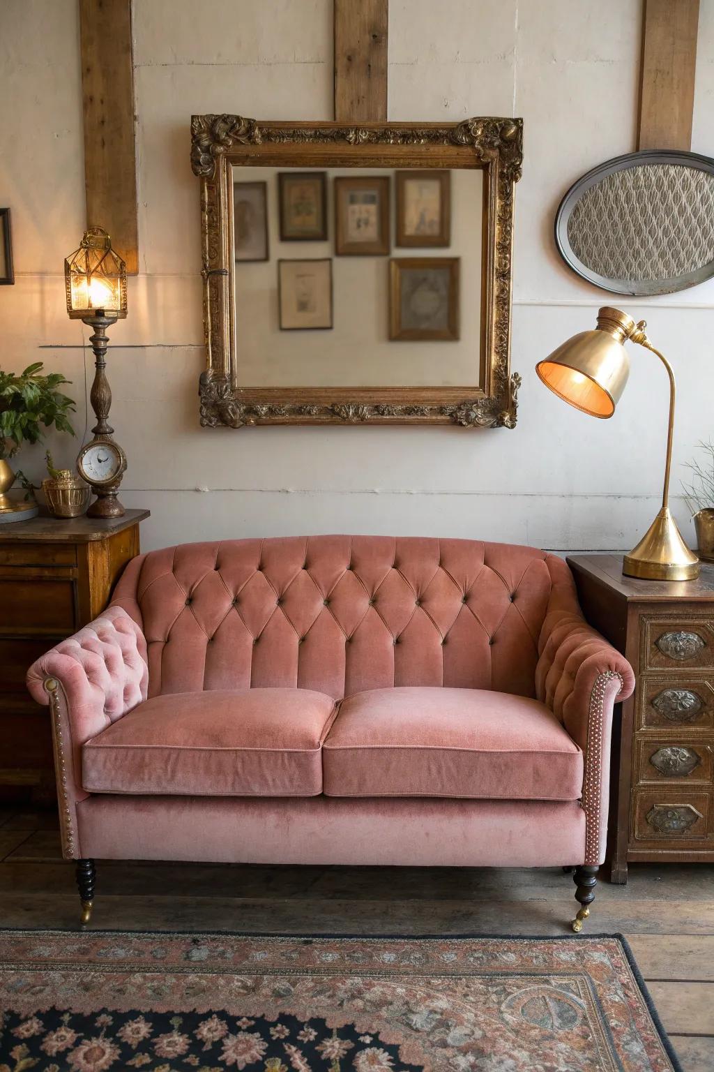 Embrace the charm of yesteryears with a vintage-inspired blush couch setting. 🕰️ #VintageDecor #BlushCouch