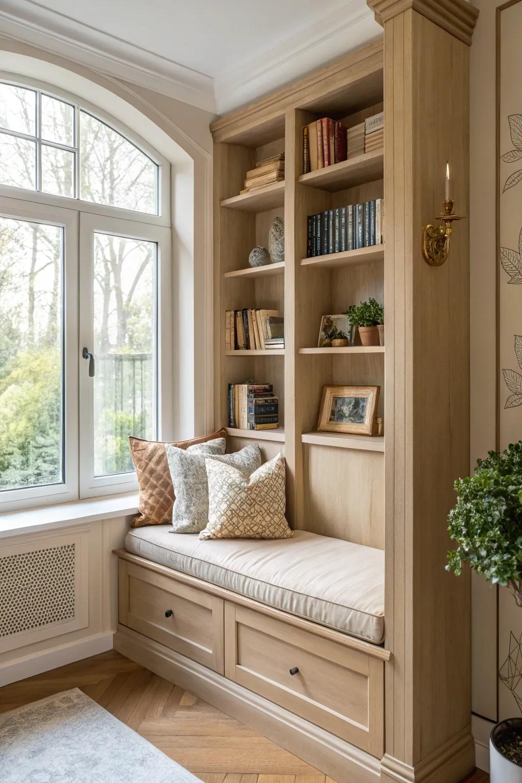 Curl up with a good book in your very own integrated reading nook. 📚 #ReadingNook #HomeComforts