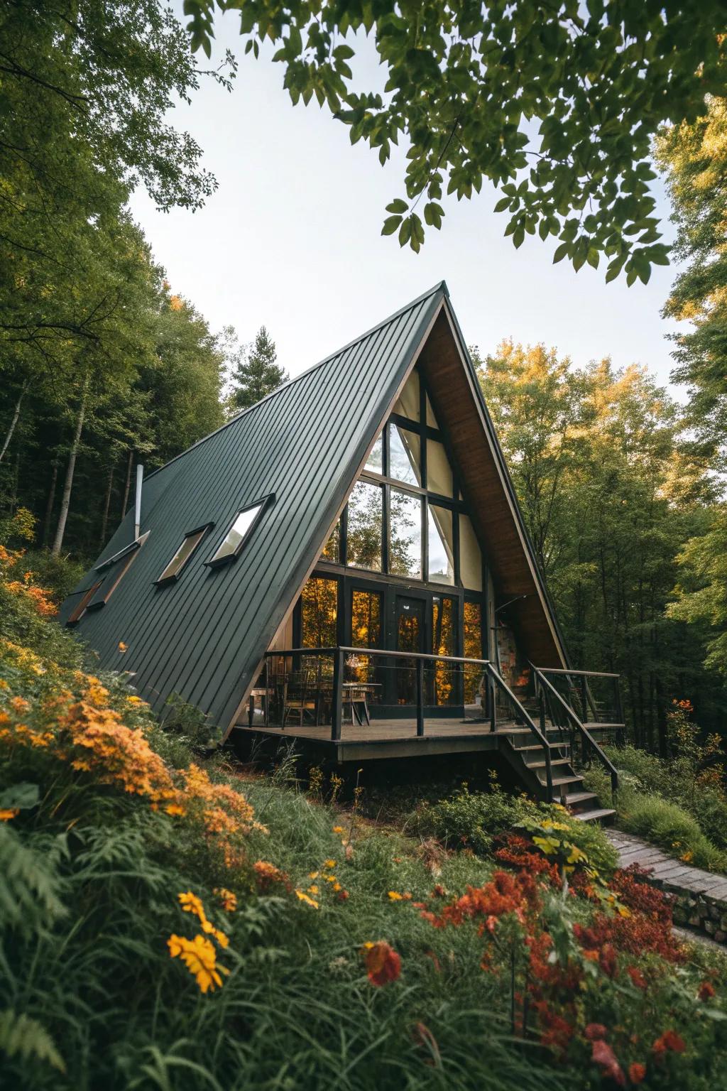Embrace the sleek and modern design of an A-frame cabin that offers both style and function. #AFrameArchitecture