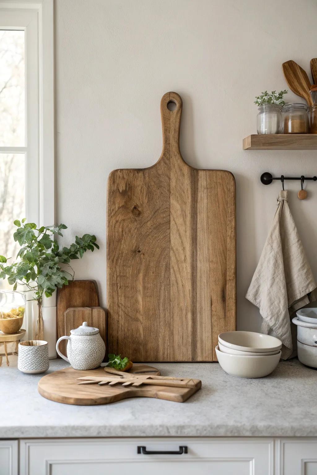 Turn your cutting boards into a rustic wall art display for a functional yet stylish kitchen wall. #WallArt #KitchenStyle #HomeDecor