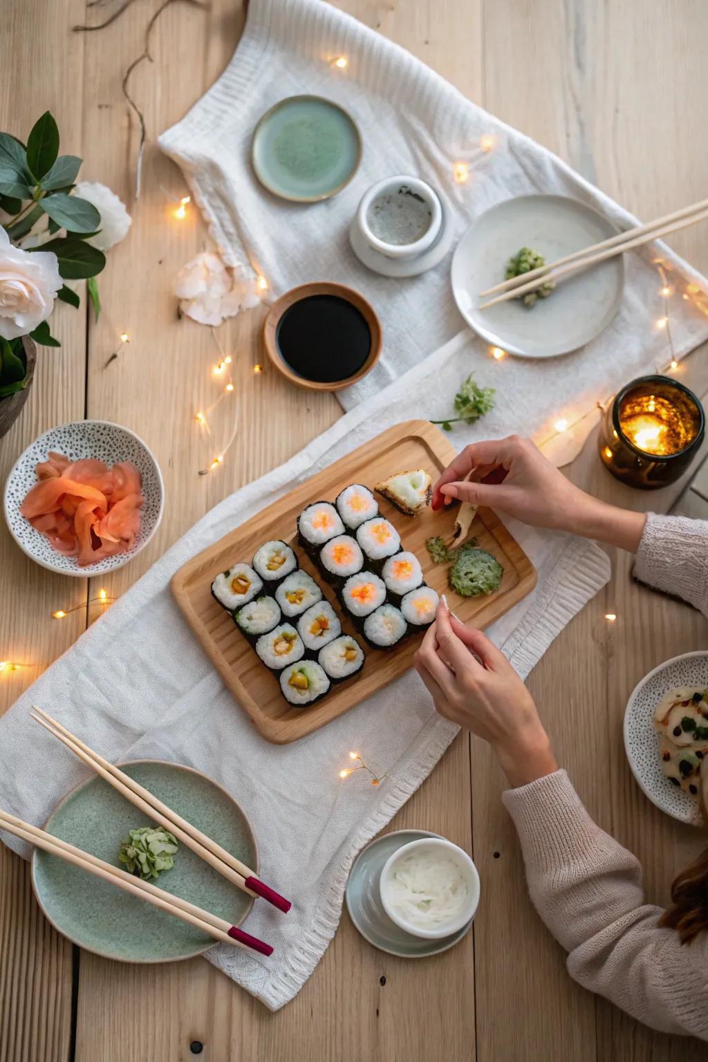 Roll into a delightful sushi date night with fresh ingredients and teamwork. 🍣 #SushiNight #DateIdeas